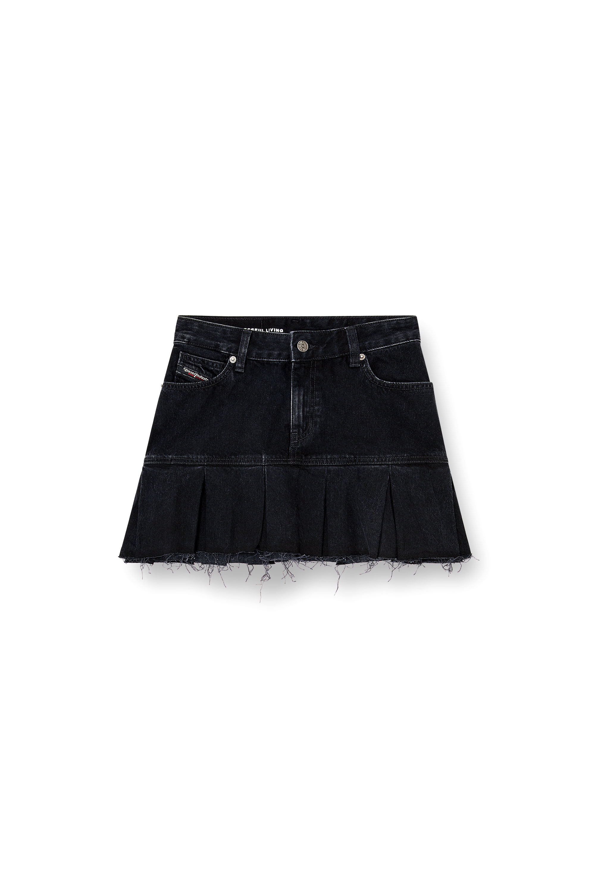 JennyFax Tucked Denim Skirt ブラック Women's Denim skirt with frayed pleated hem | Black | Diesel