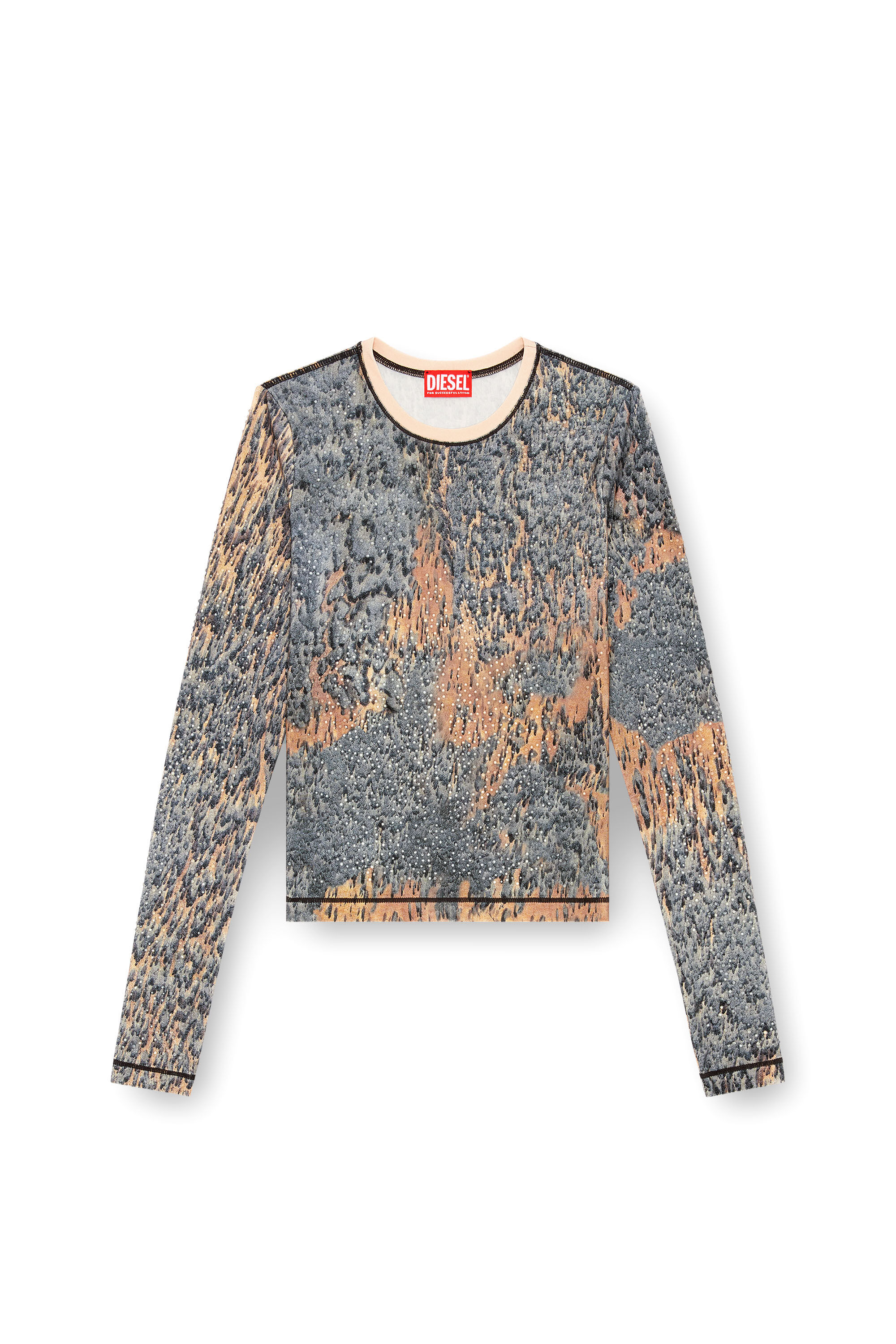 Diesel - T-CUTIE-LS, Female's Top with crystals and Rain Camo print in Beige/Grey - 2