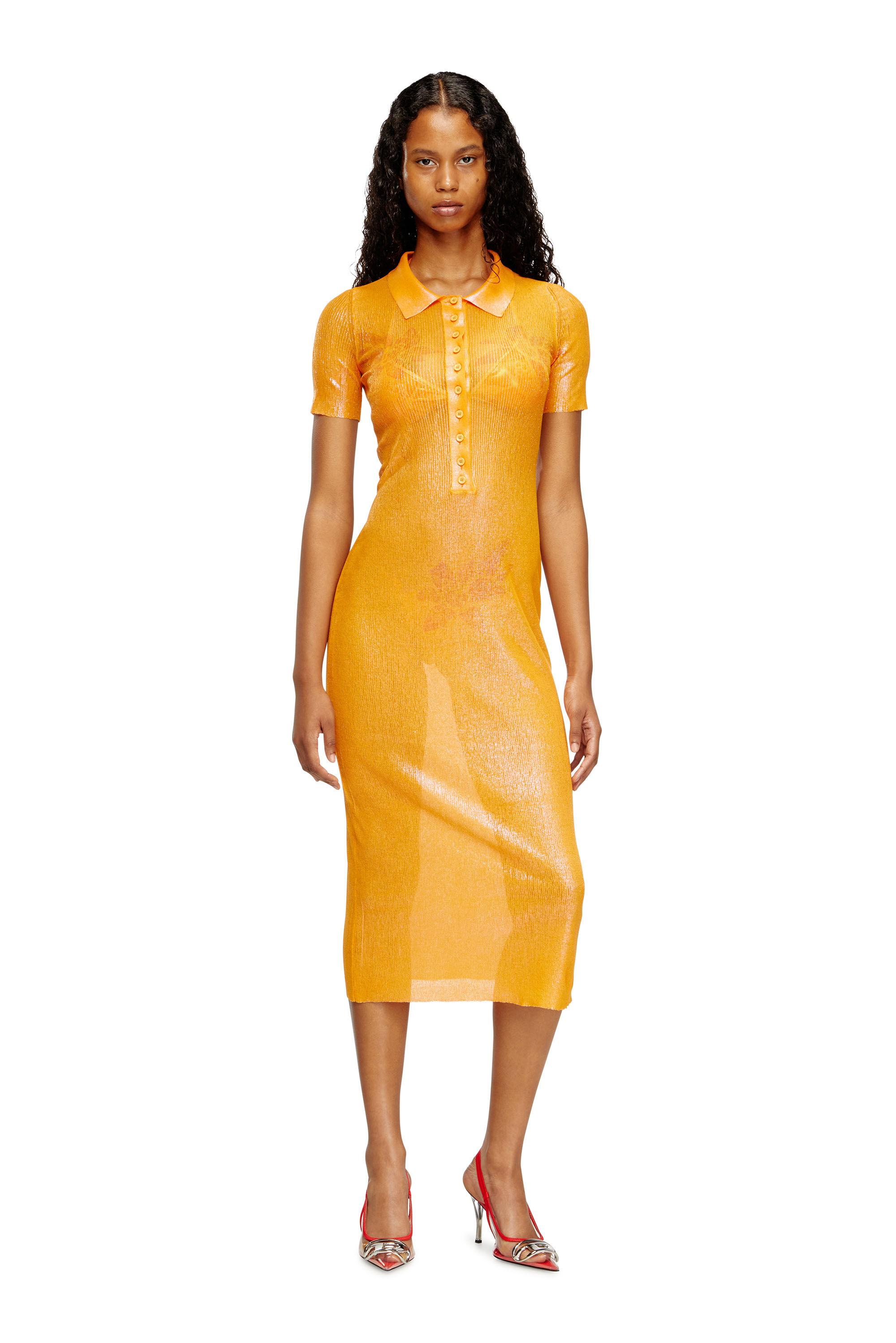 Women's Iridescent knit polo dress with lotus print | Orange | Diesel