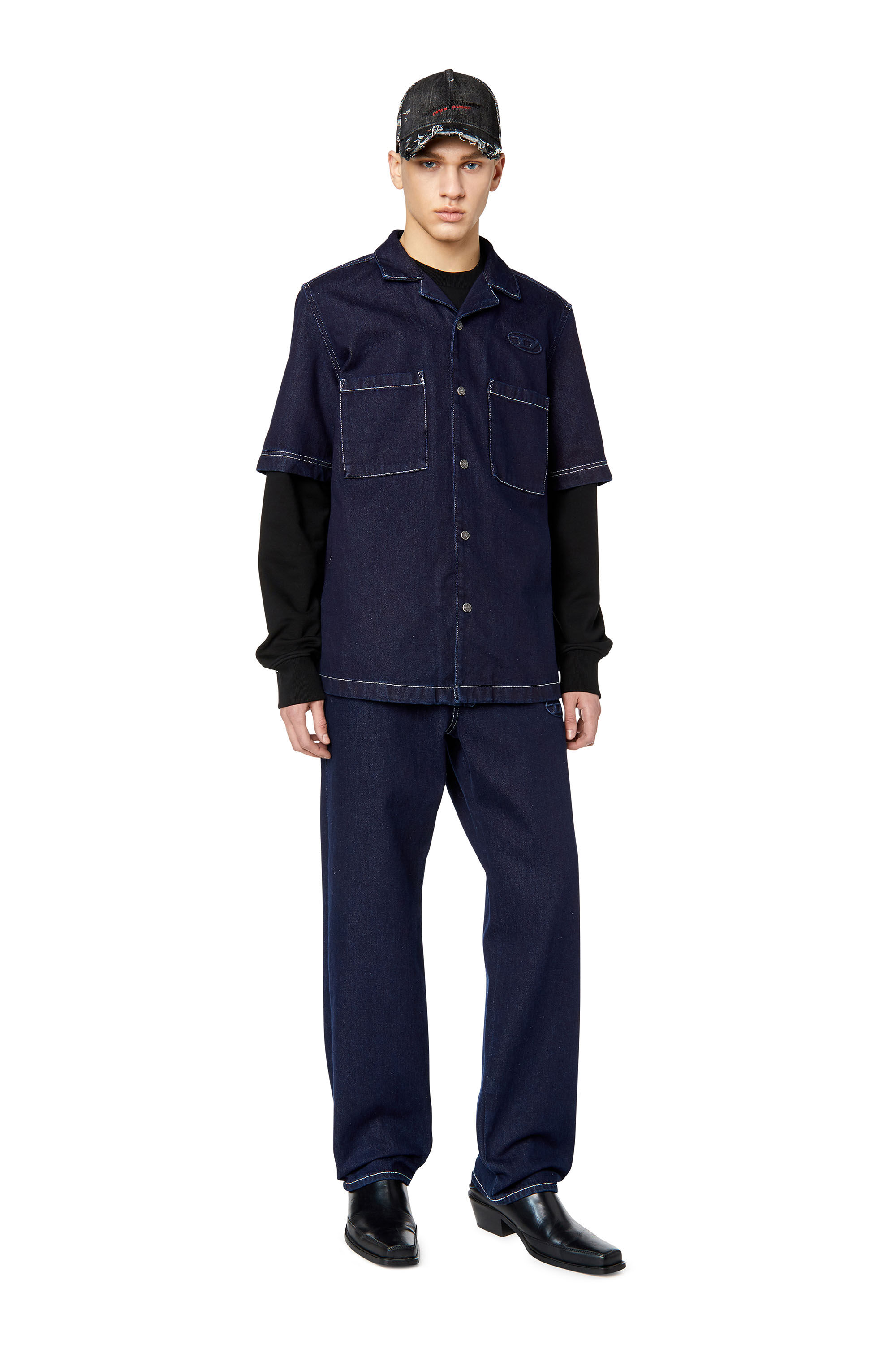 Diesel - D-PAROSHORT, Male's Bowling shirt in denim in Dark Blue - 1