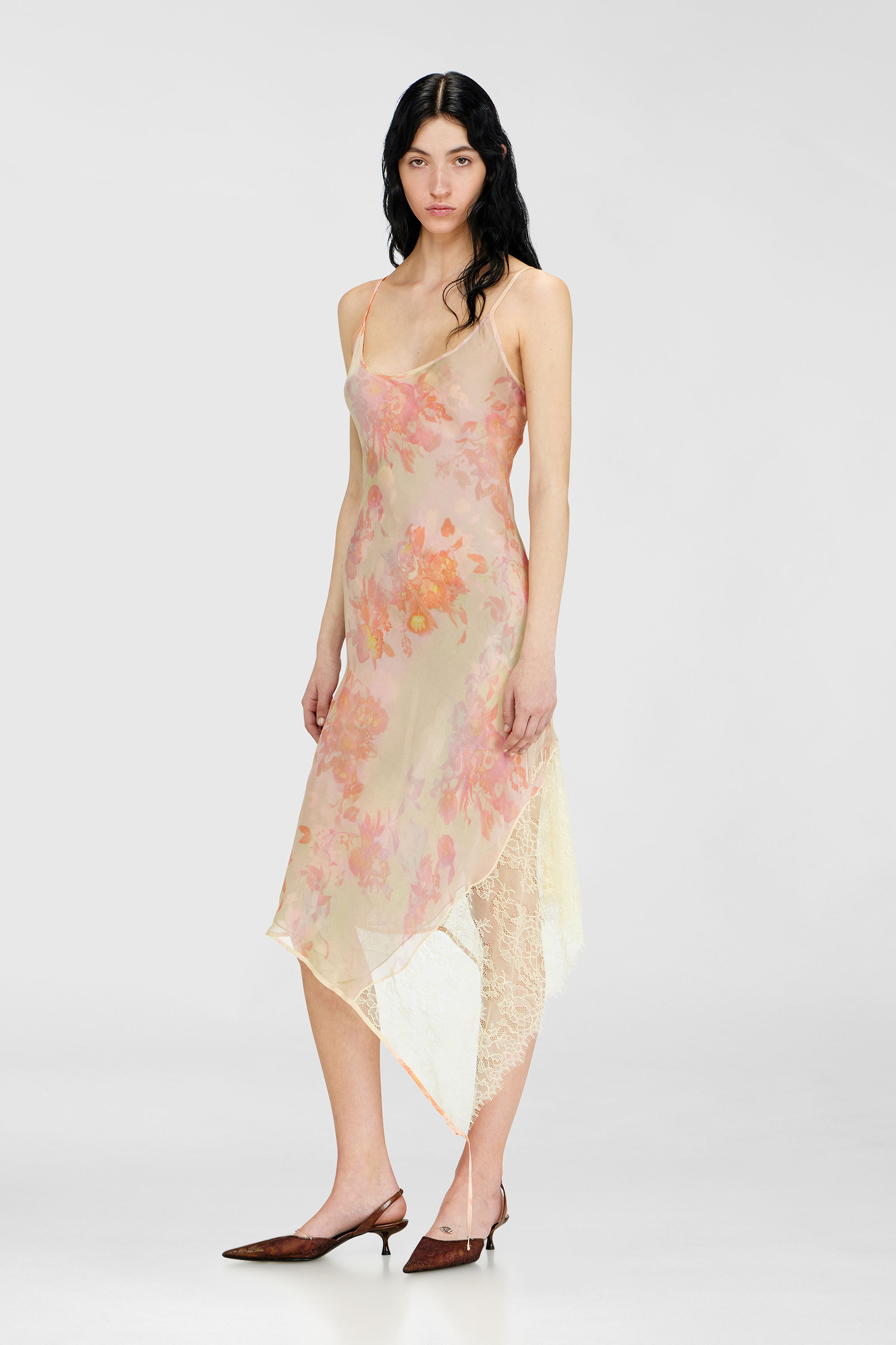 Women's Midi slip dress with floral print and lace trim