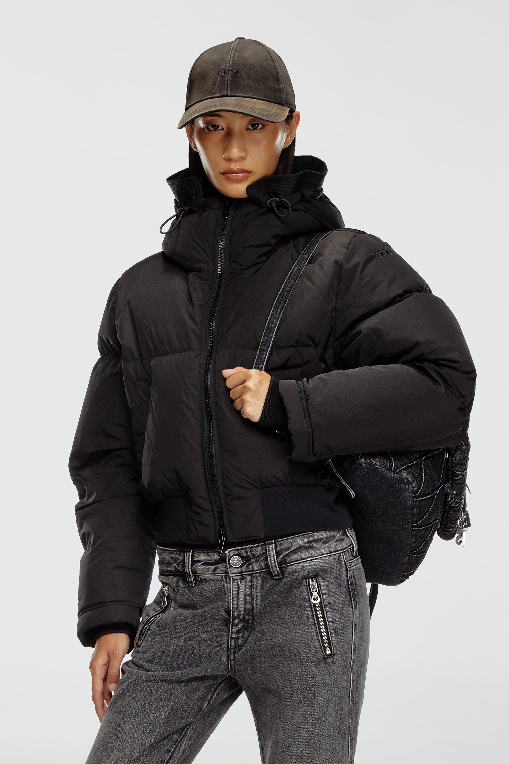 Diesel - W-PEYT-SHORT-NEW-P1, Female's Hooded down jacket in crinkled nylon in Black - 3