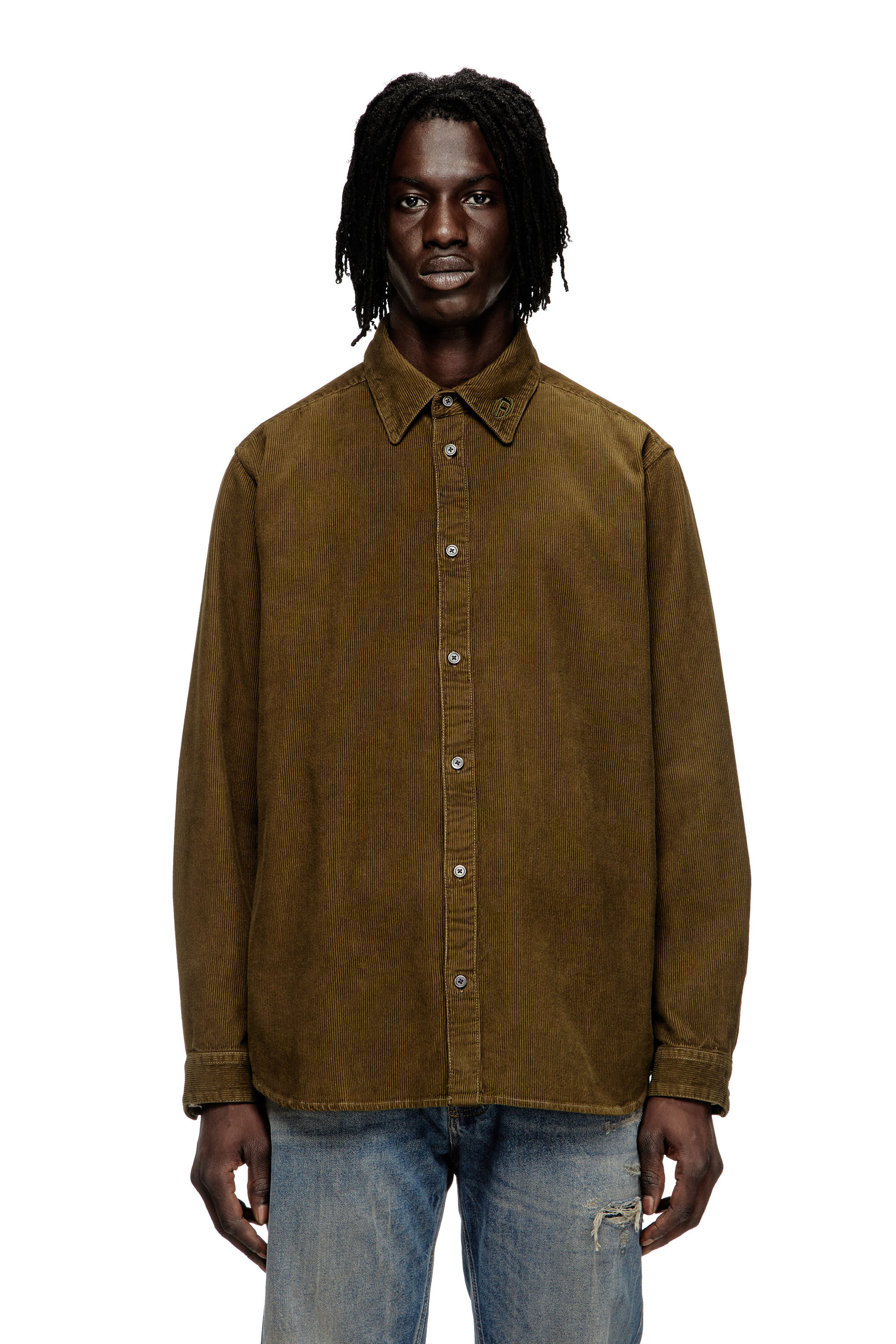 Diesel - S-SIMPLY-AJFQ, Male's Cotton shirt with embroidery on the collar in Green - 3