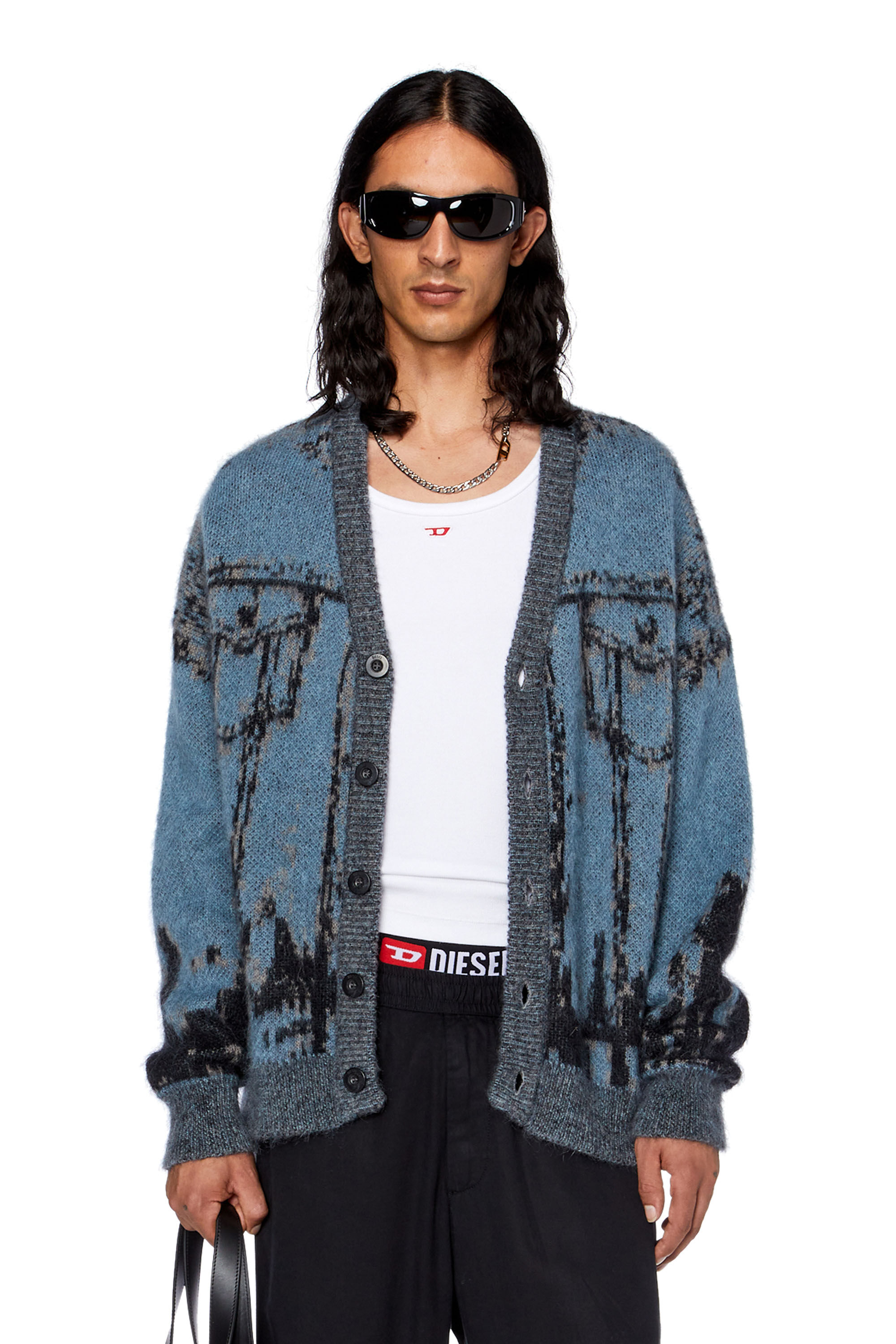 Diesel - K-PETALO, Man's Knit cardigan with jacquard jeans motif in Black/Blue - 3