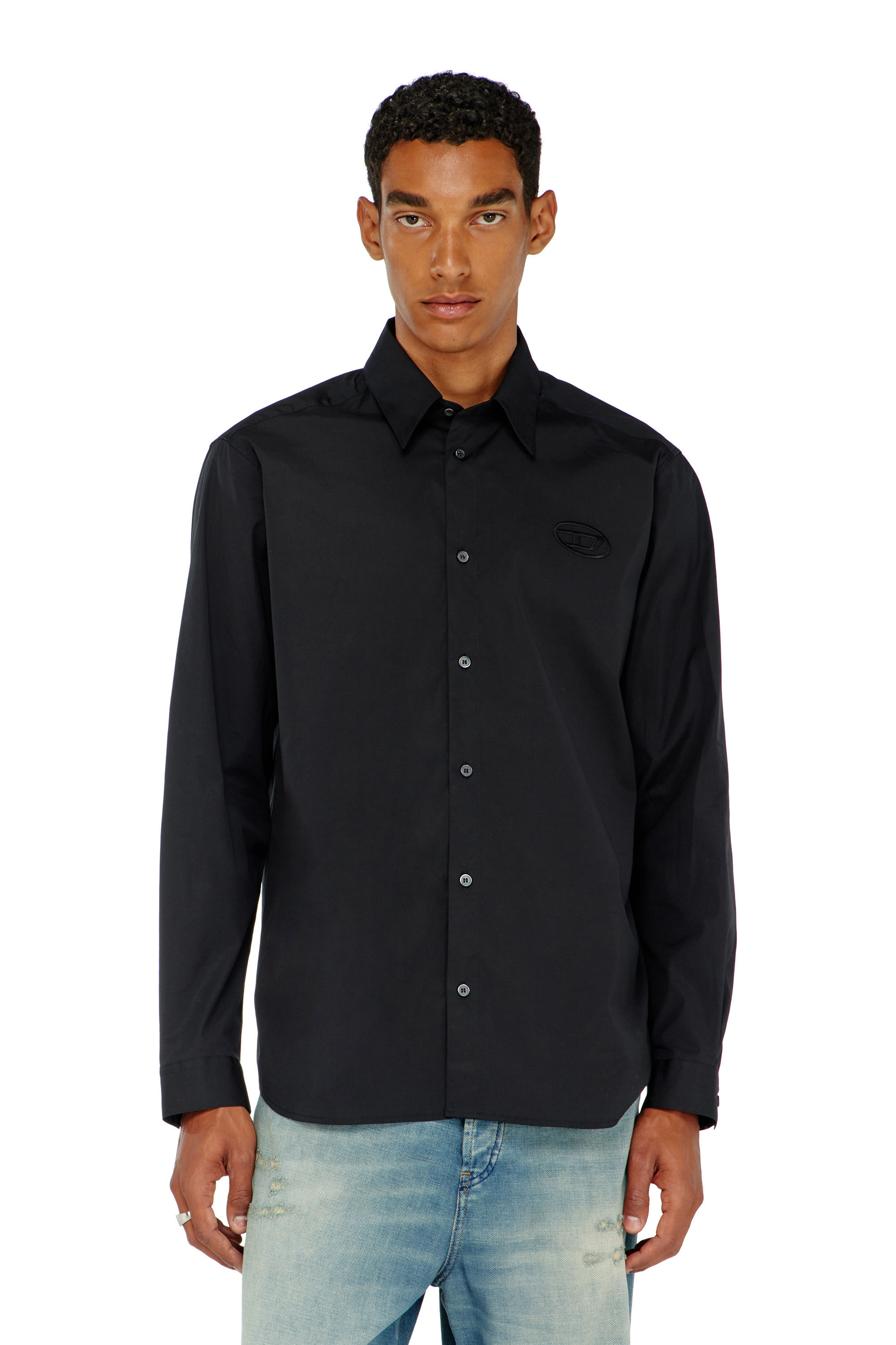 Men's Stretch poplin shirt with embroidery | Black | Diesel US