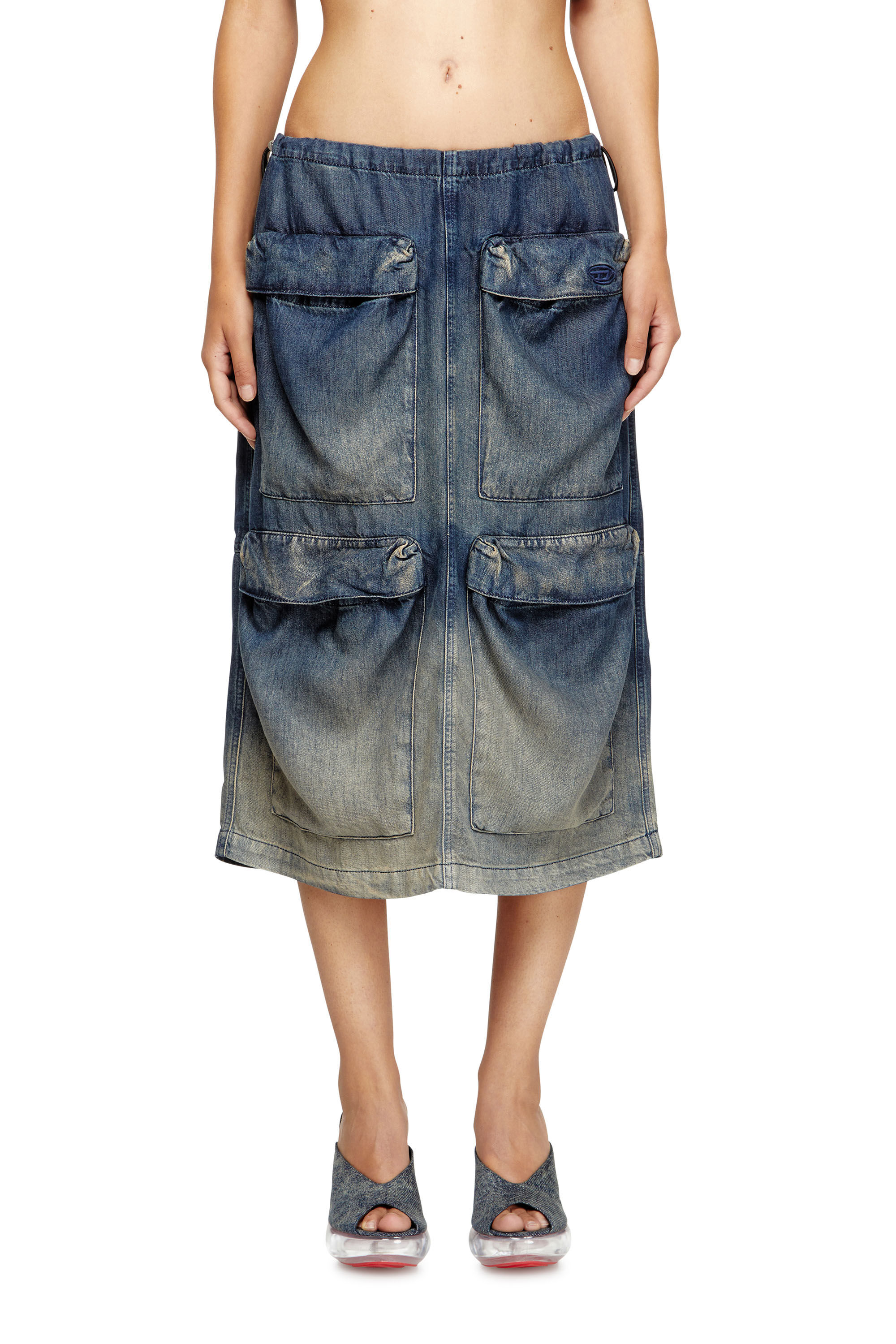 Diesel - DE-MEGI-S, Woman's Midi skirt in gradient fluid denim in Dark Blue - 3