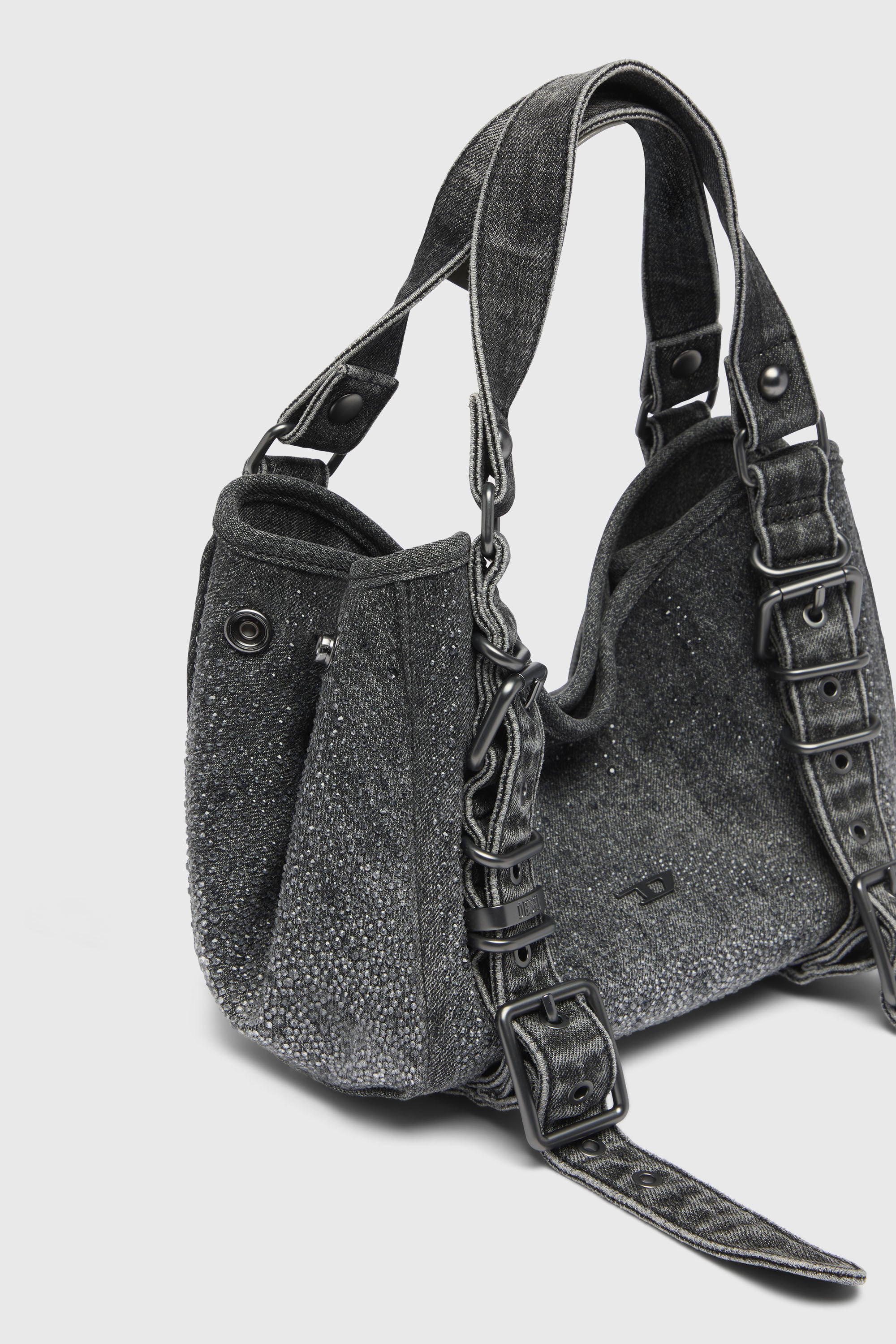 Diesel - D-ONE TOPHANDLE S, D-One-Bolso small con asa superior de denim solarizado con cristales Mujer in Negro - 6