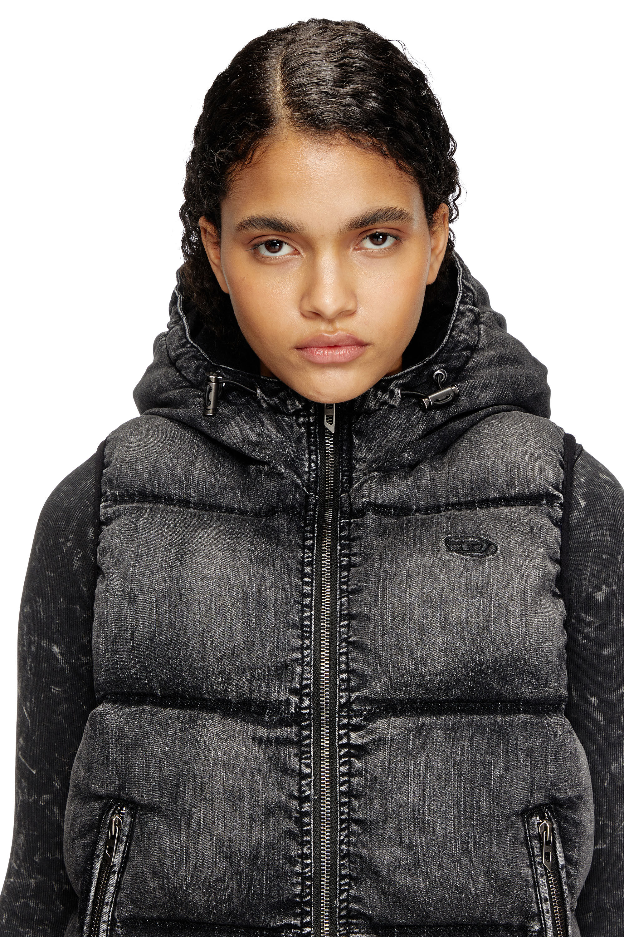 Diesel - W-HOPPER, Gilet matelassé à capuche en denim délavé Femme in Noir - 4
