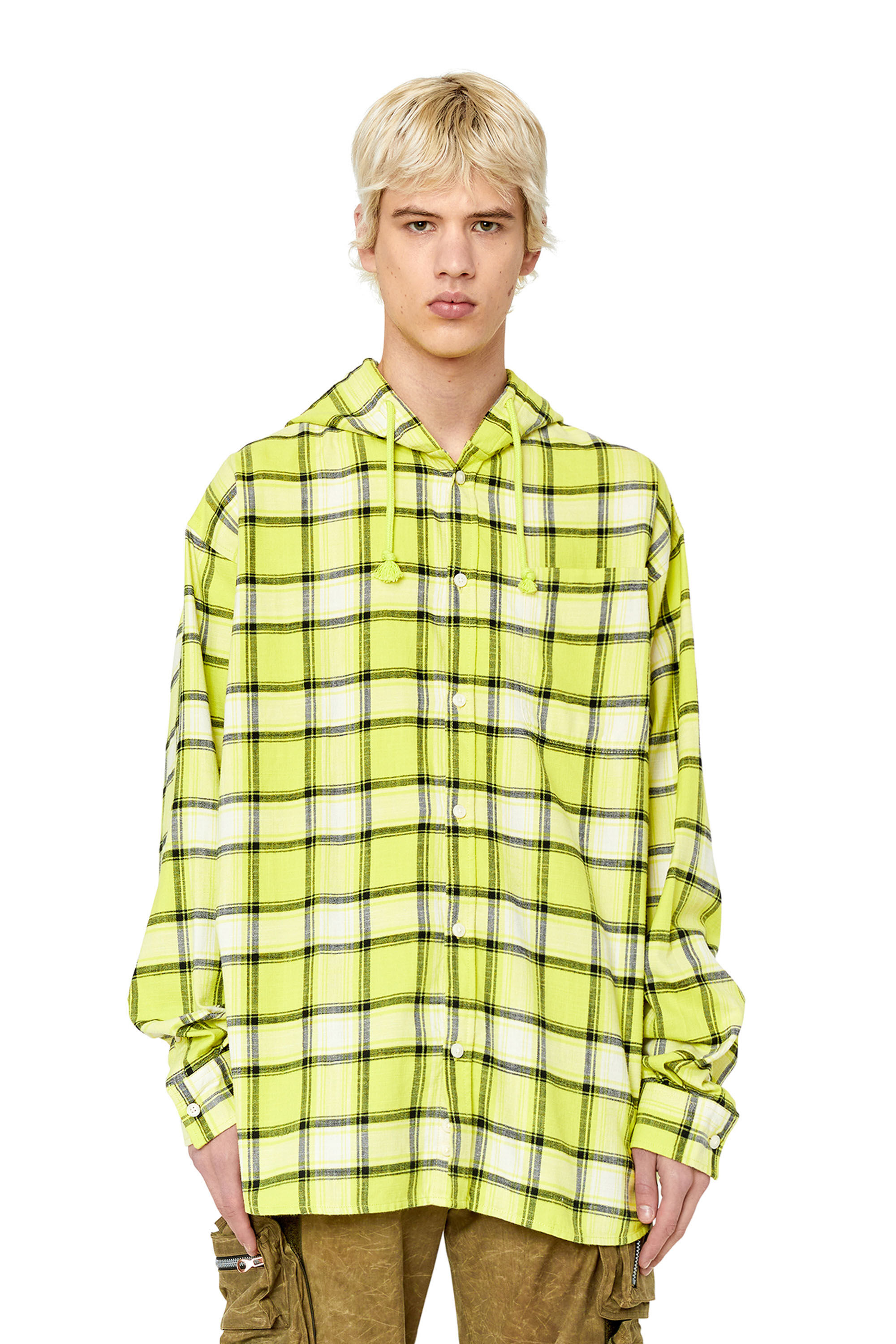Diesel - S-DEWNY-HOOD, Male's Oversized hooded shirt in check flannel in White/Green - 3