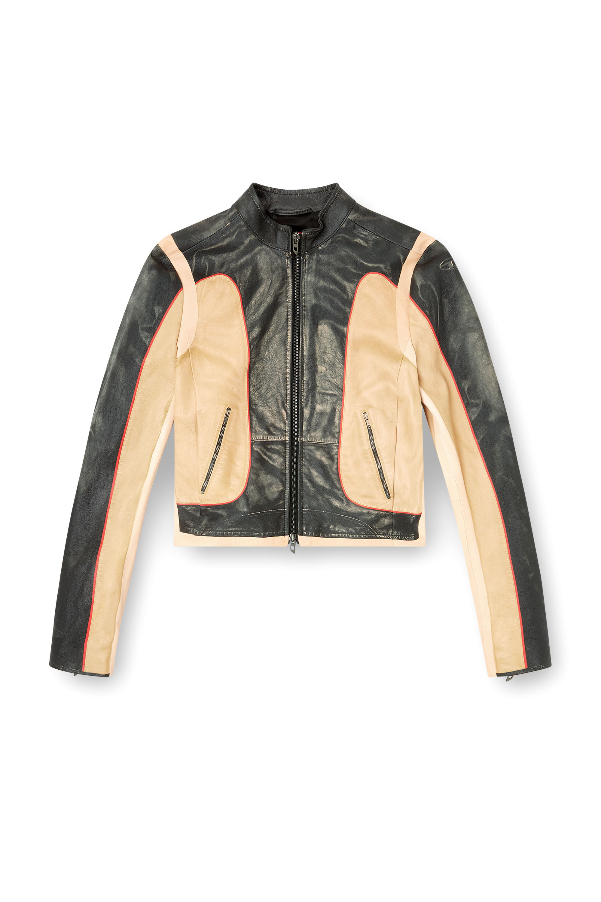 Diesel - L-OONIE, Female's Trompe l'oeil-effect leather biker jacket in Beige/Black - 2
