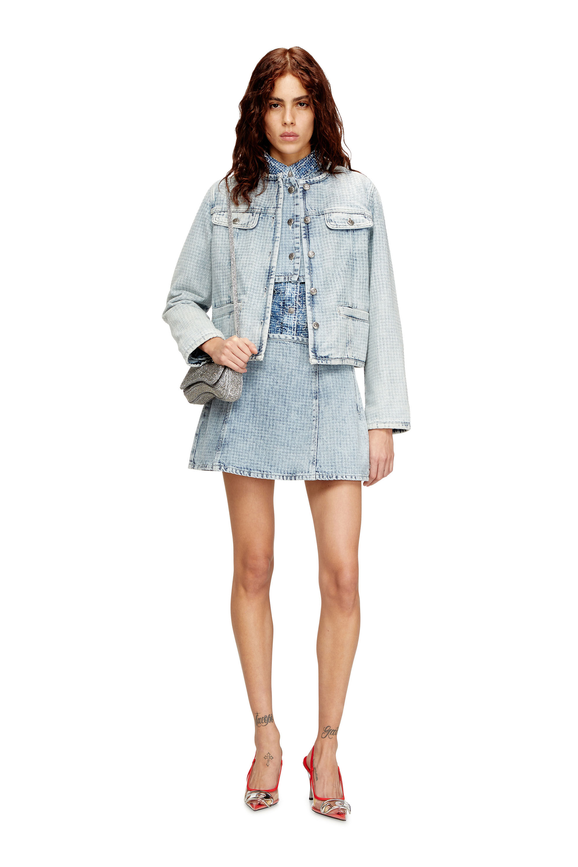 Diesel - DE-SWENY-S, Minifalda de denim gráfico con cristales Mujer in Azul marino - 1