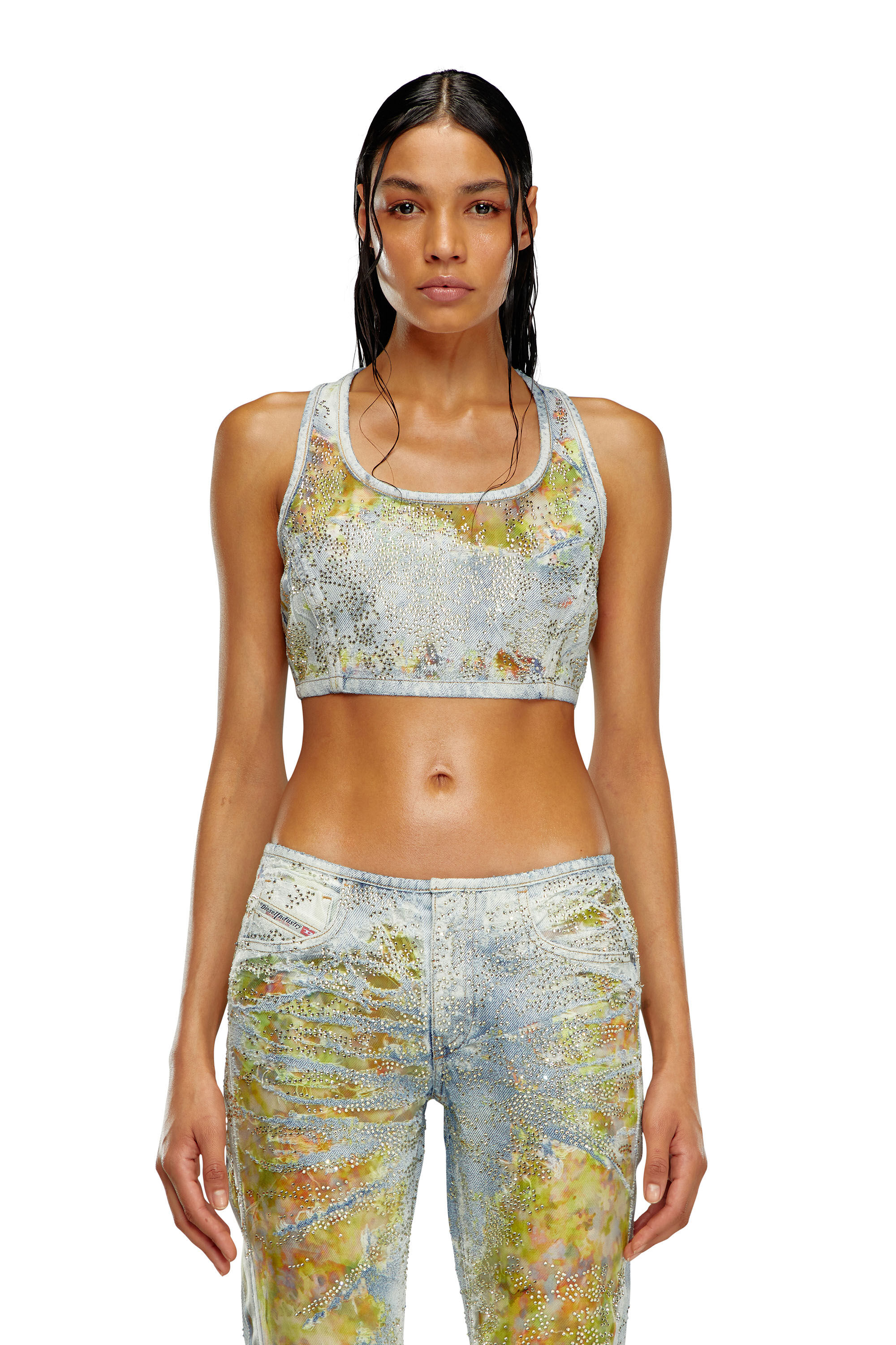 Diesel - DE-DETOP-FSE, Female's Cropped top in flower devoré denim in Light Blue - 6