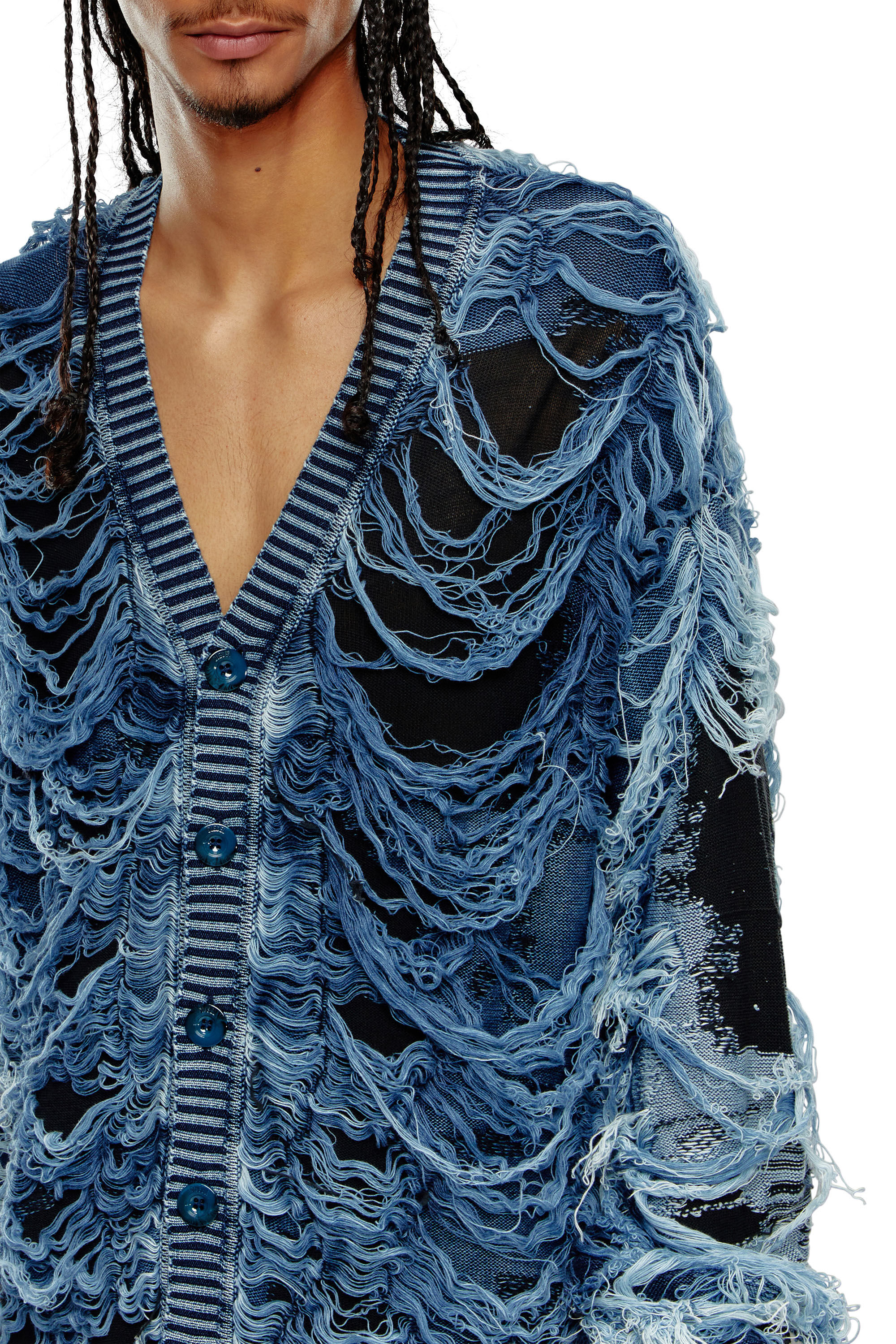 Diesel - K-BOBOLI, Cardigan indigo effet destroy avec col en V Homme in Polychrome - 5