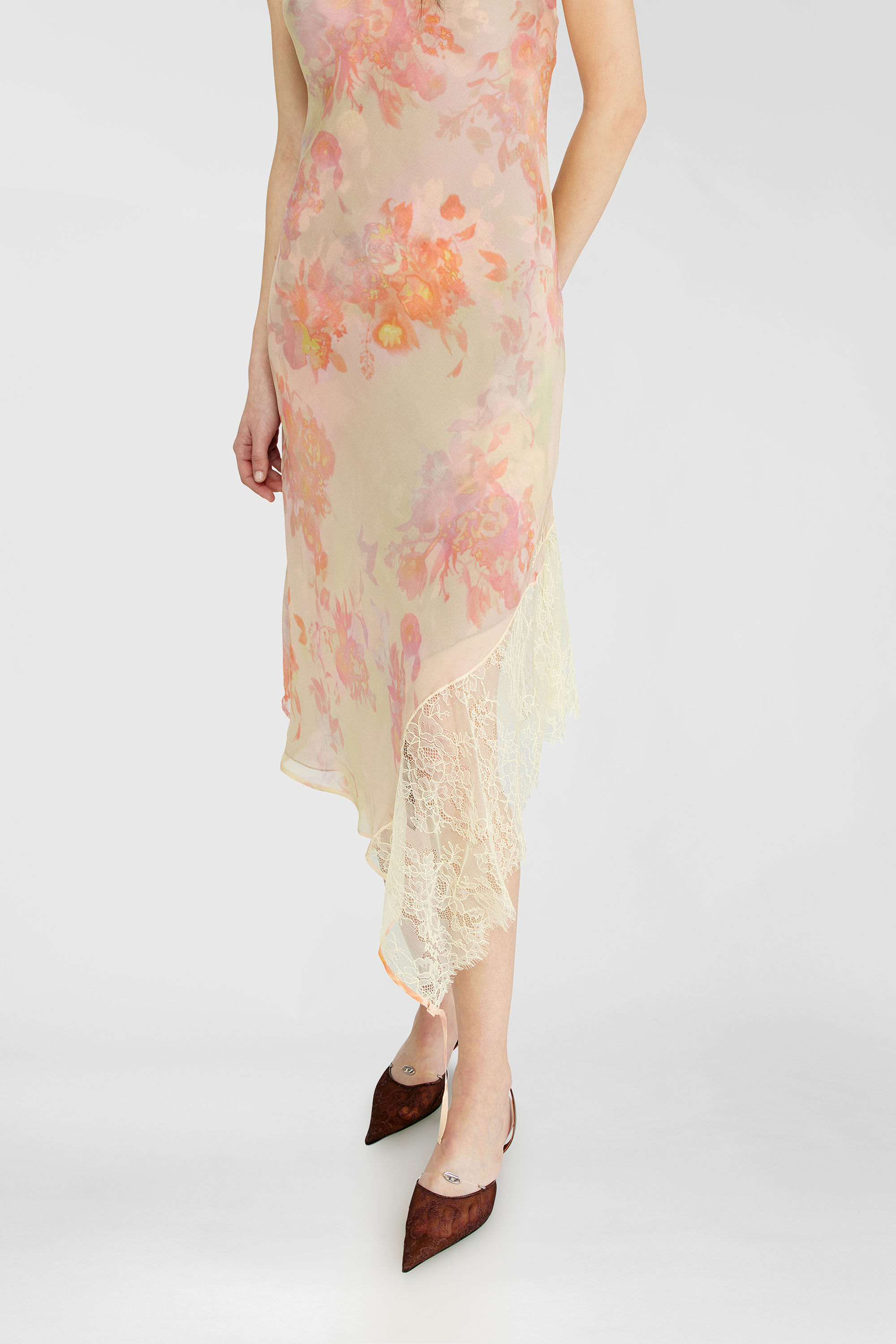 Women's Midi slip dress with floral print and lace trim