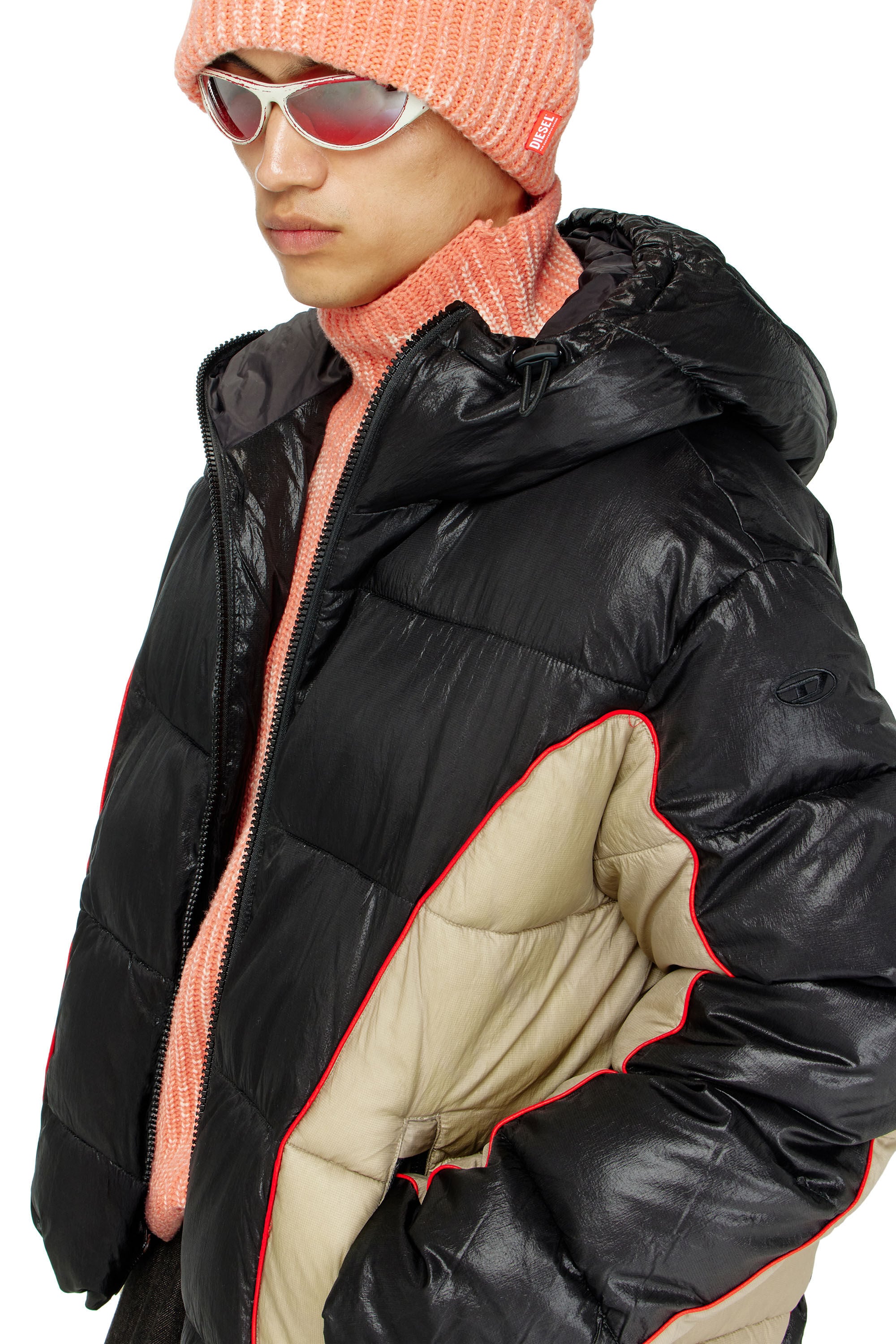 Diesel - W-OSTEND, Man's Hooded puffer jacket in shiny ripstop in Black/Beige - 4