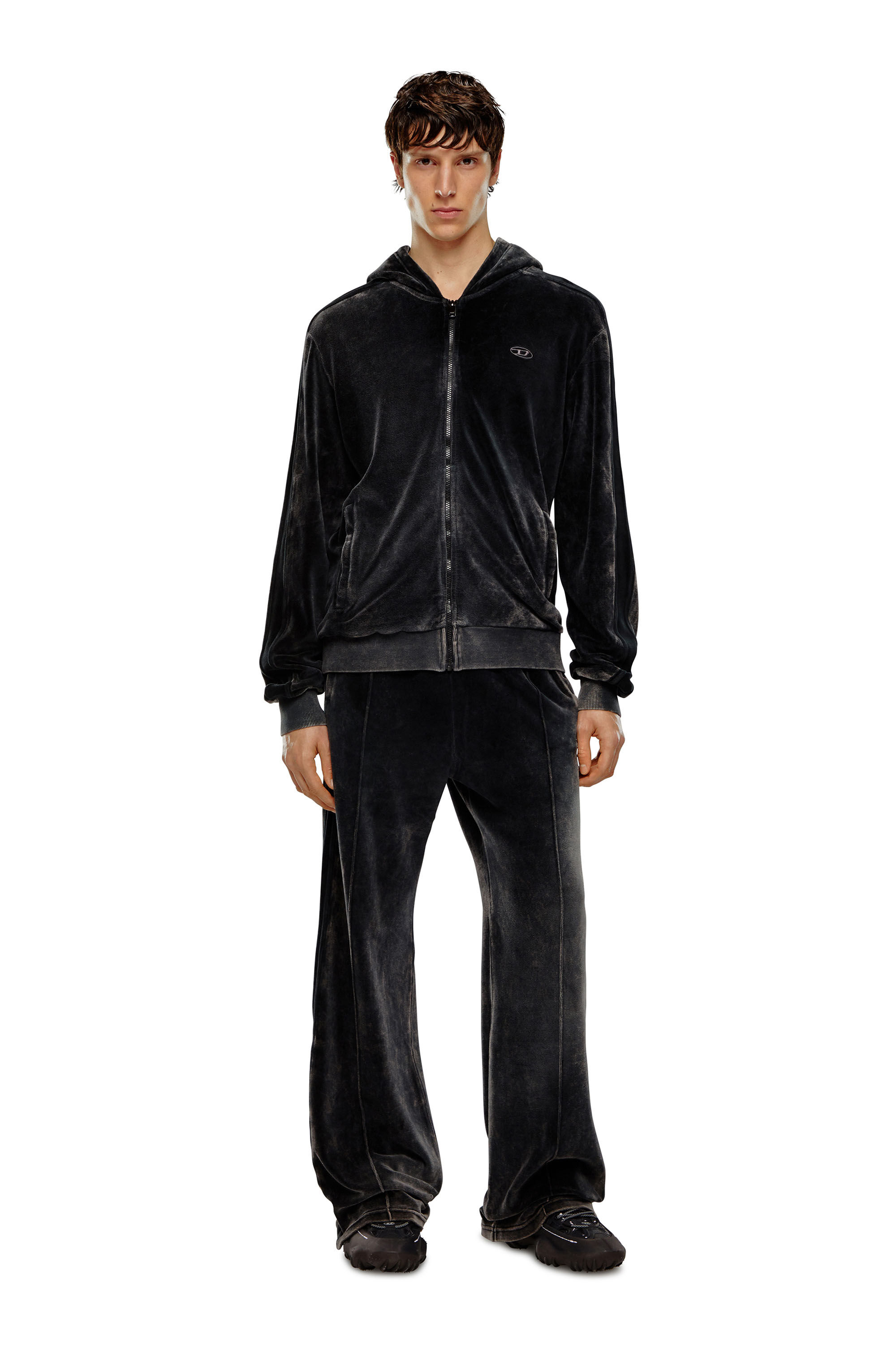 Diesel - S-OCLOCK, Male's Acid-wash chenille zip-up hoodie in Black - 1