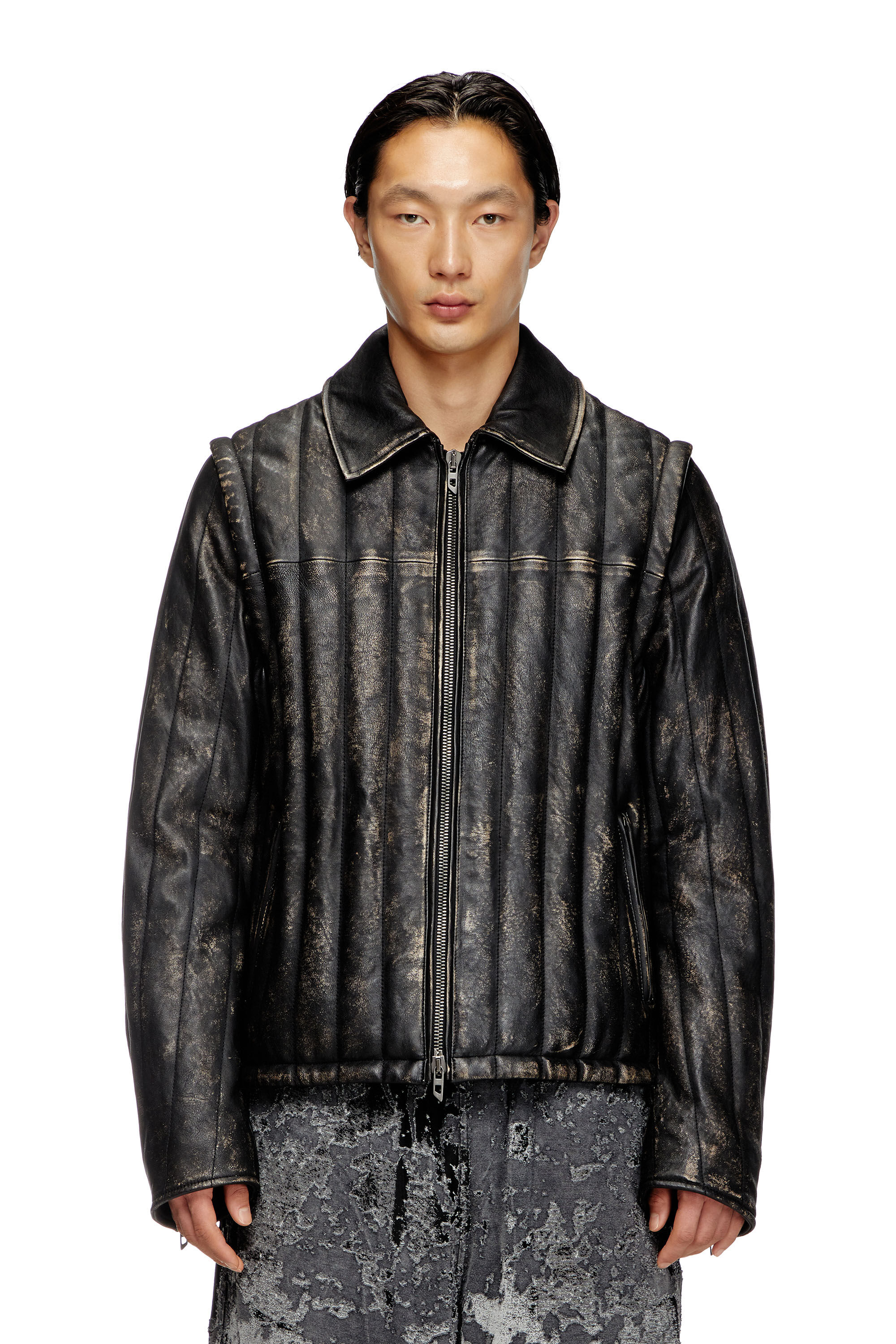 Diesel - L-ALBERT, Male's Distressed quilted leather jacket/vest in Black - 3