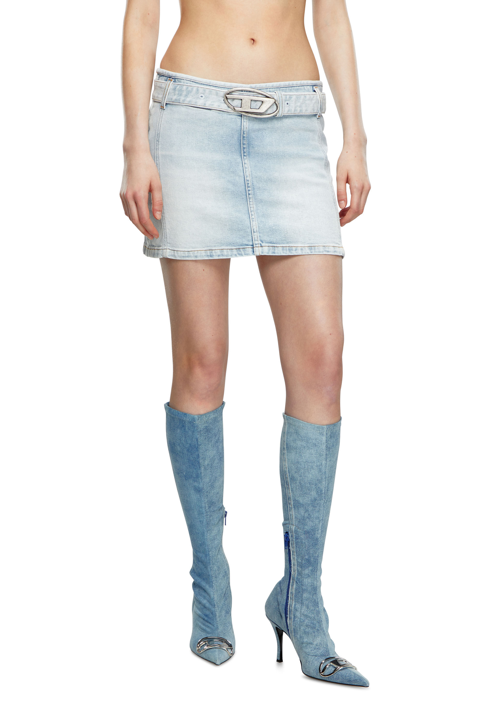 Diesel - DE-FLIP-S, Female's Denim mini skirt with logo belt in Light Blue - 3