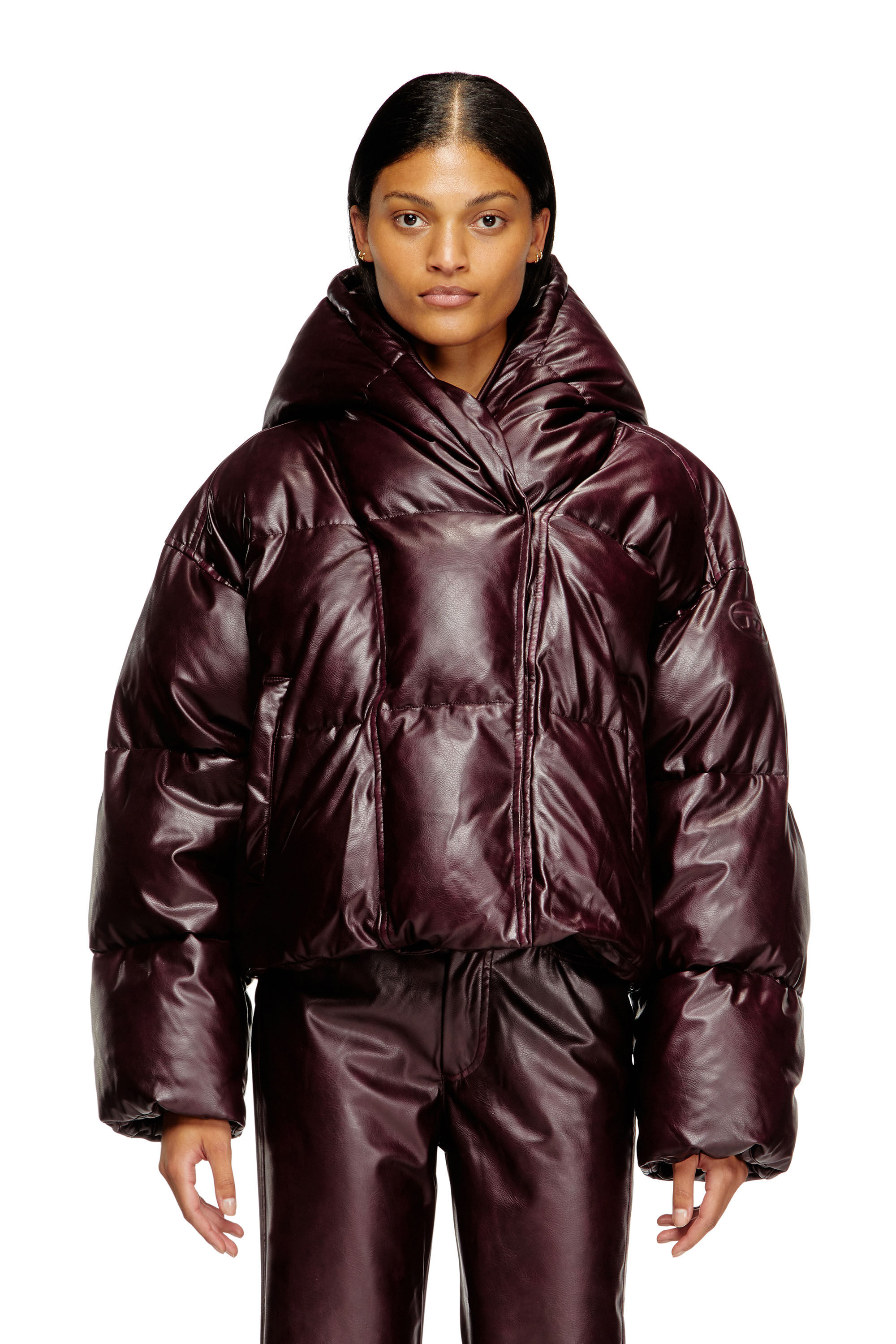 Women's Burgundy hooded puffer jacket in coated fabric | Red | Diesel