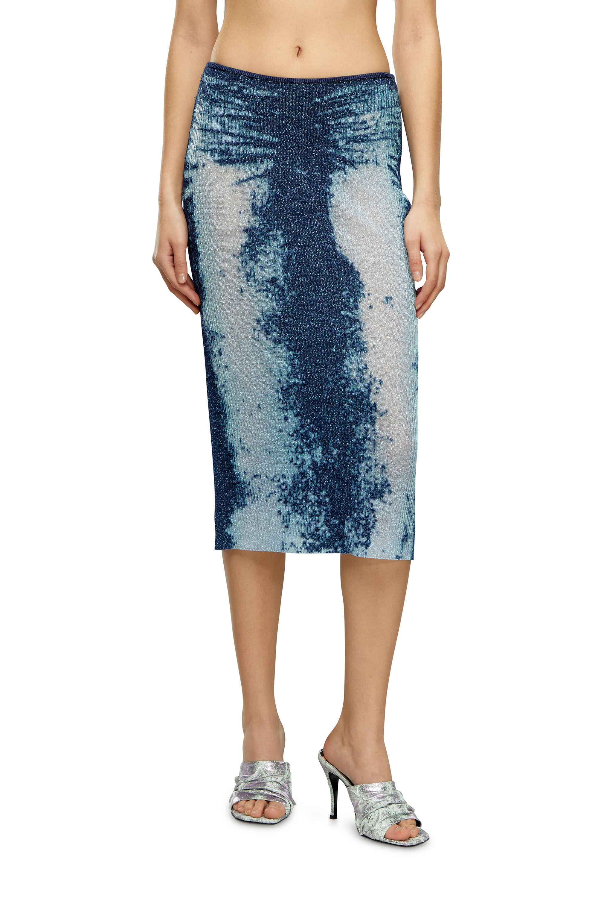 Women's Midi skirt in devoré metallic knit | Blue | Diesel