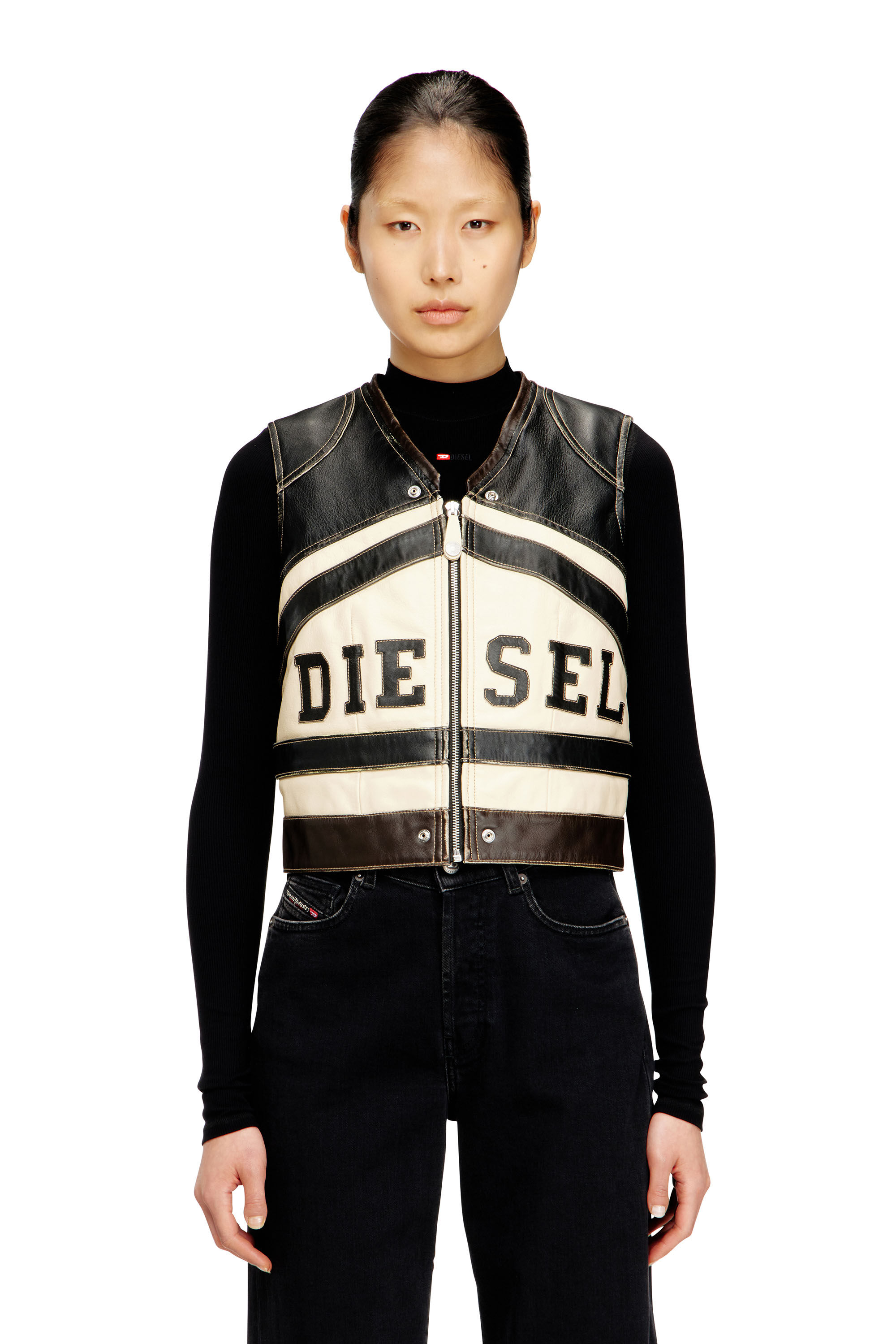 Women's Leather vest with front logo and contrast stripes