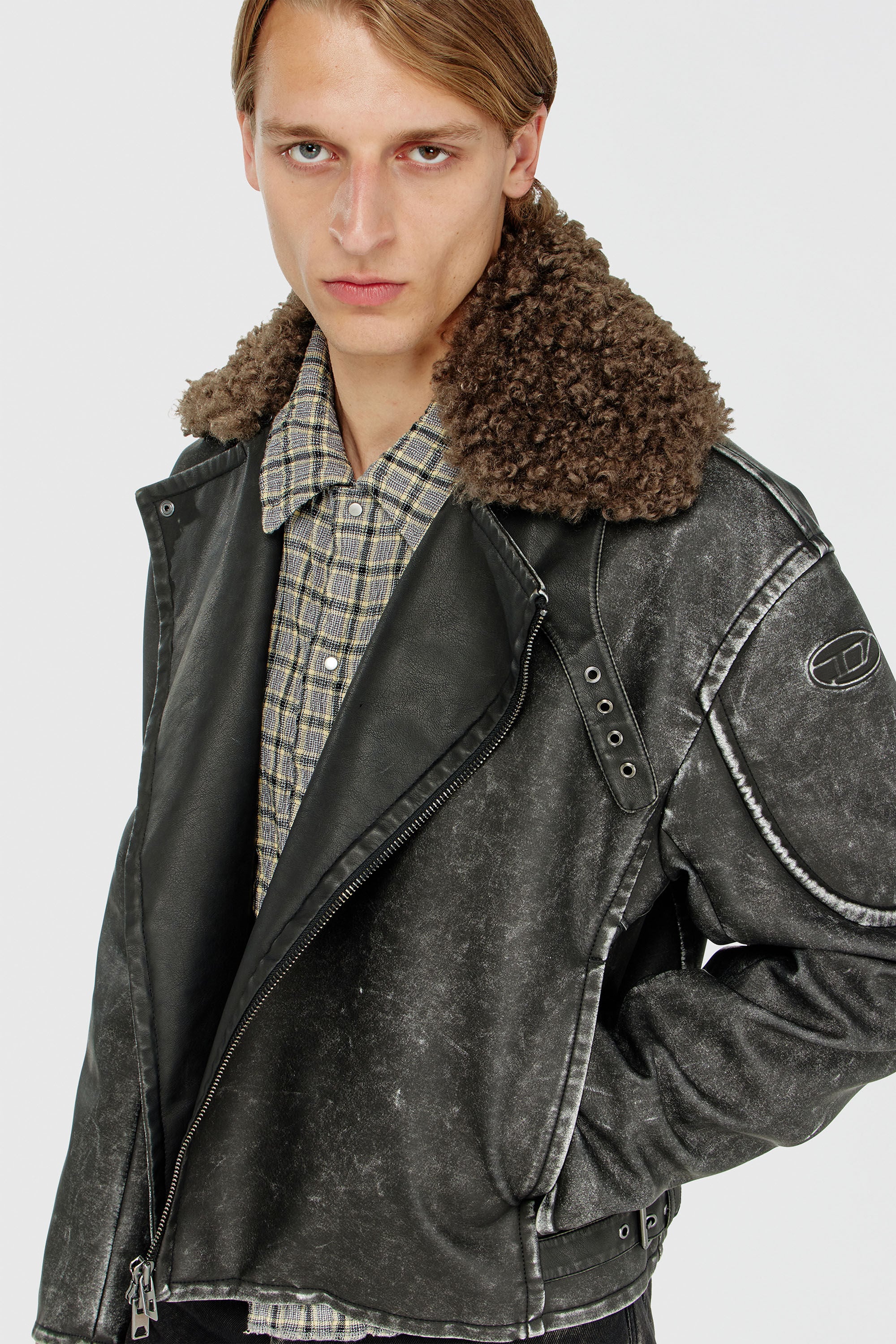 Diesel - W-ALEX, Man's Biker jacket with detachable collar in Dark grey - 4