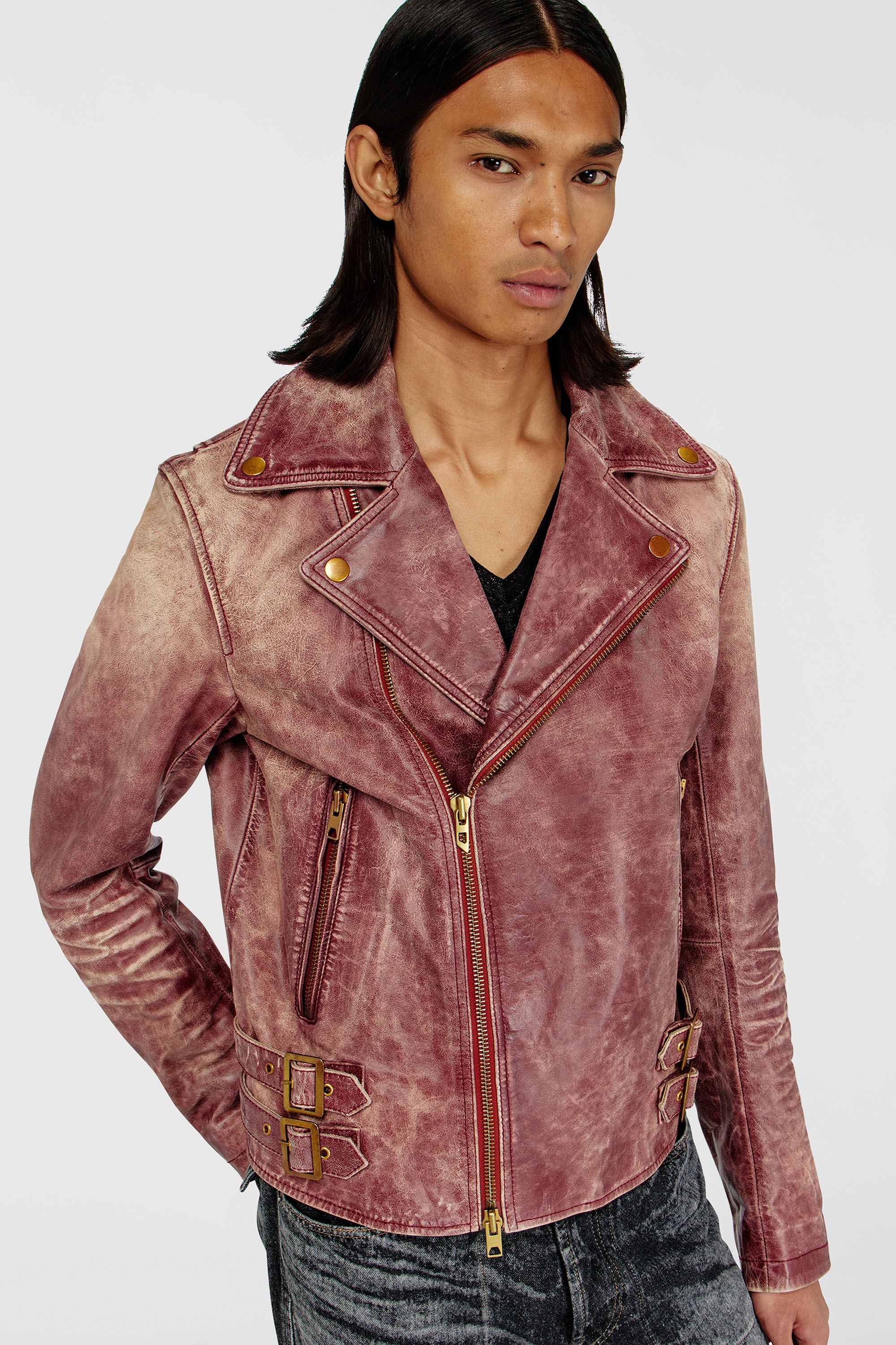 Diesel - L-EON-CJCM, Veste biker en cuir trait&eacute; Homme in Marron - 4