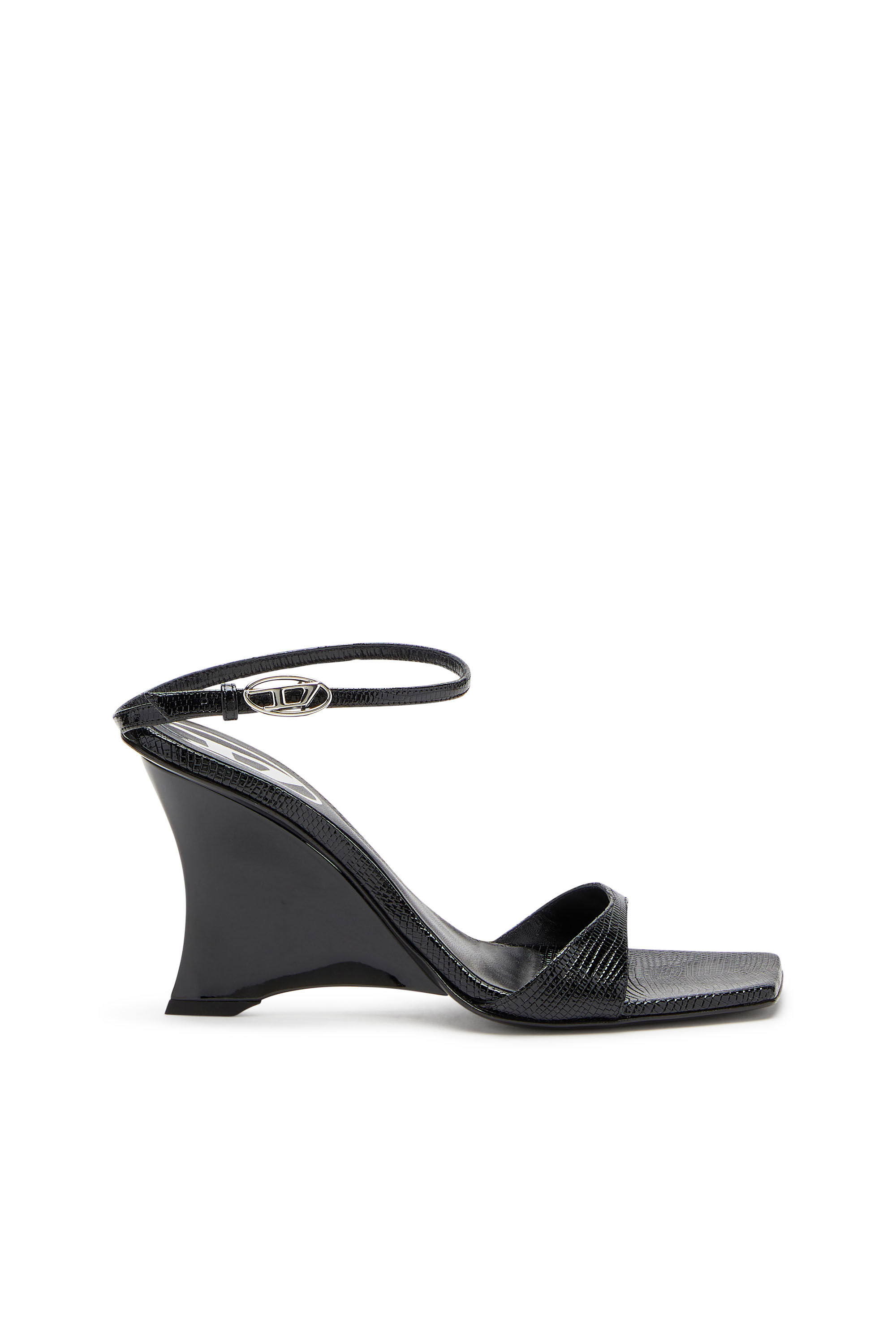 Diesel - D-AMBER SANDAL WEDGE, Female's D-Amber-Wedge sandals in lizard-effect leather in Black - 1
