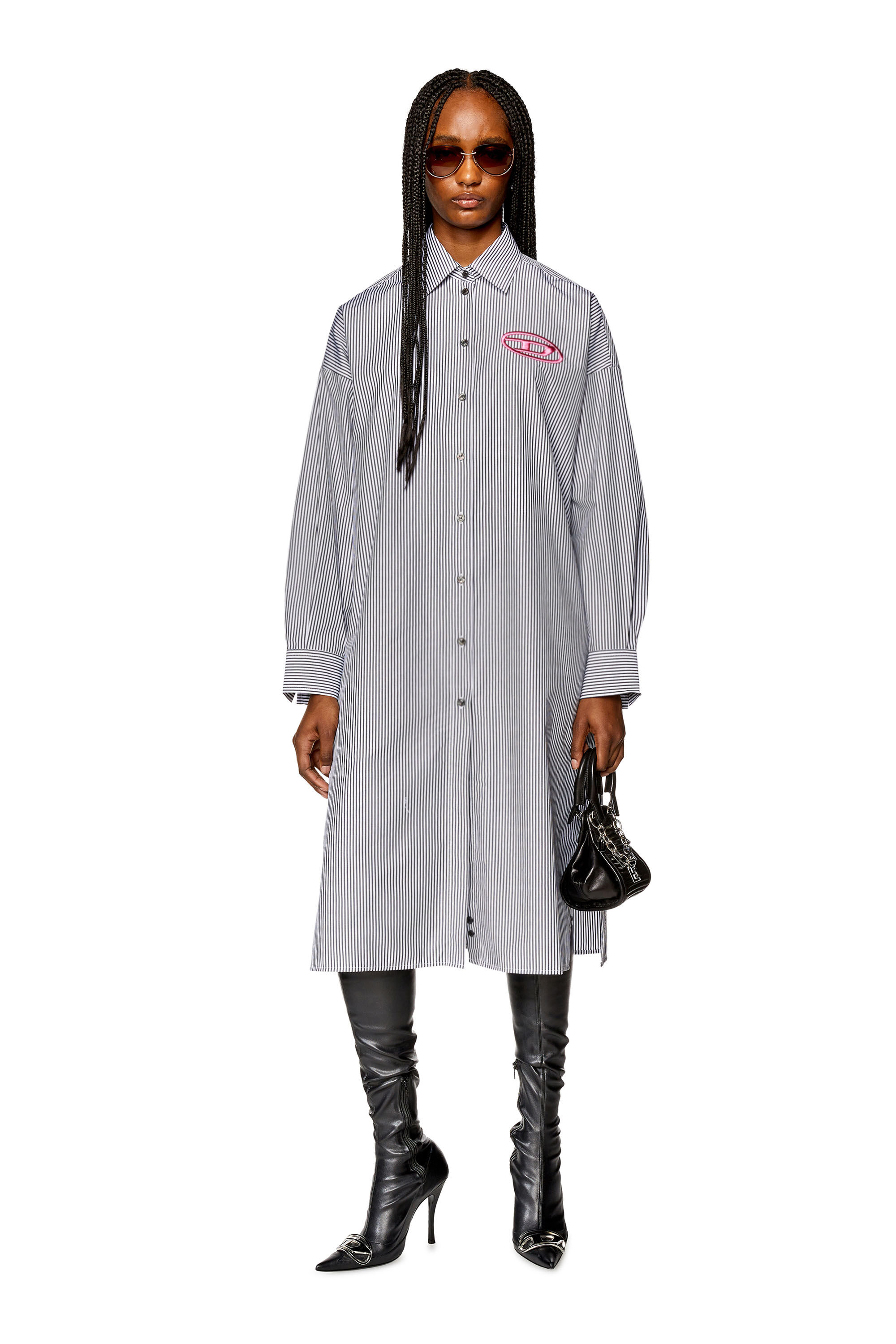 Diesel - D-LUN-STRIPE, Female's Striped shirt dress with logo embroidery in Black/White - 1