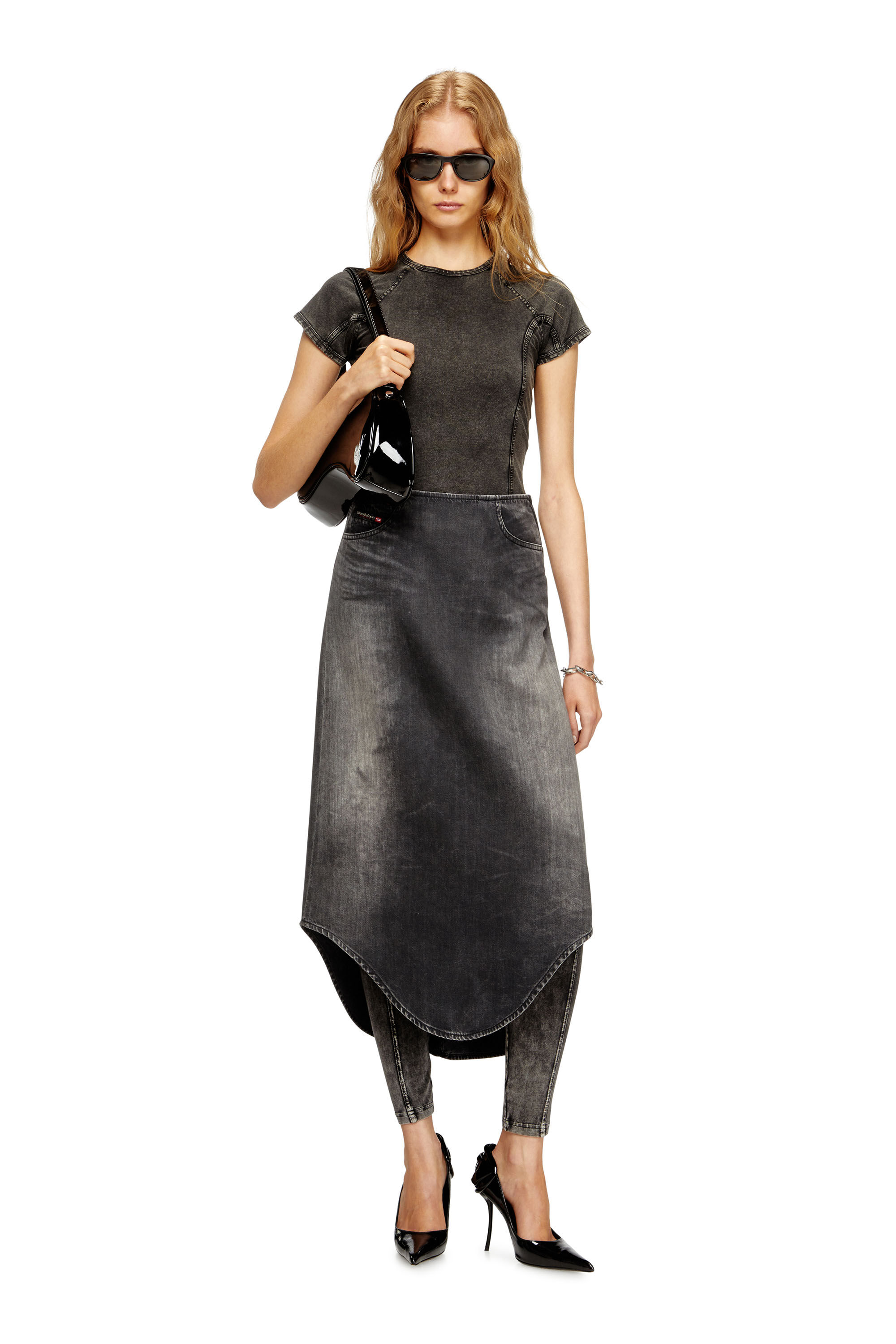 Diesel - DE-PLUMY-S, Female's Denim midi skirt with shadow effect in Black - 1
