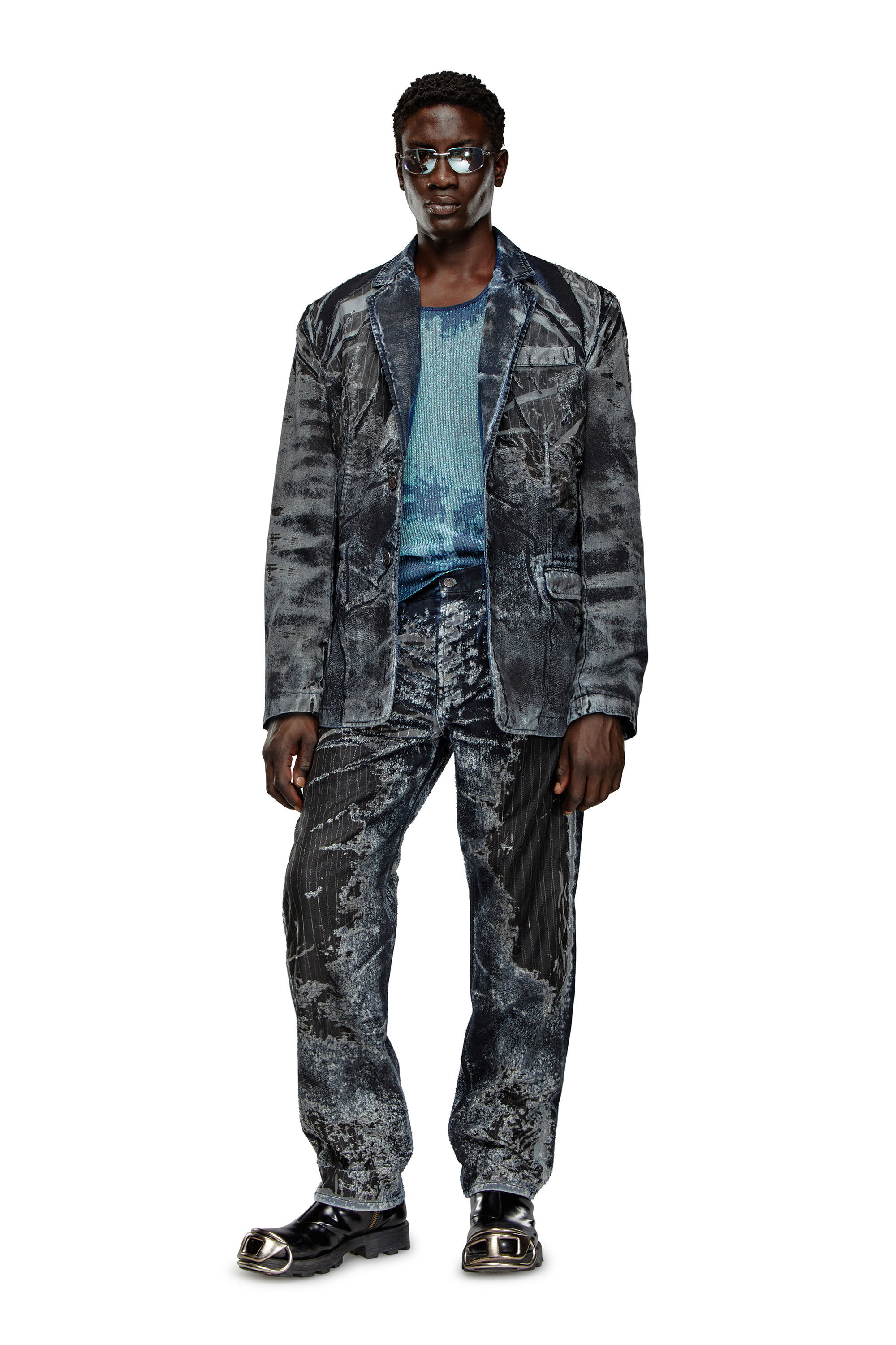 Diesel - D-BLA-DEV-FSE, Blazer en denim dévoré à fines rayures Mixte in Polychrome - 1