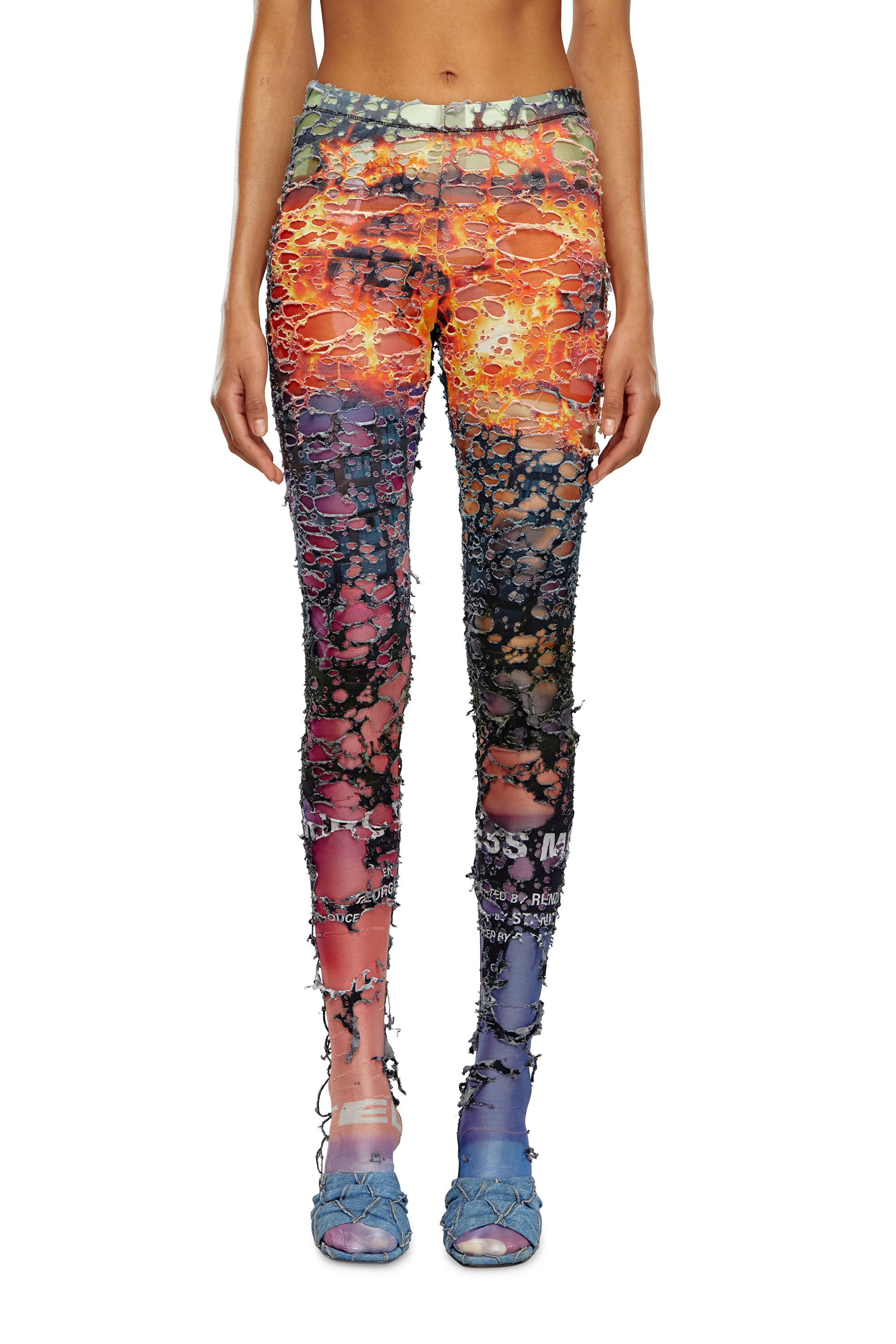 Diesel - P-KOLL-DEV, Female's Destroyed tights with cinema prints in Orange/Pink - 3