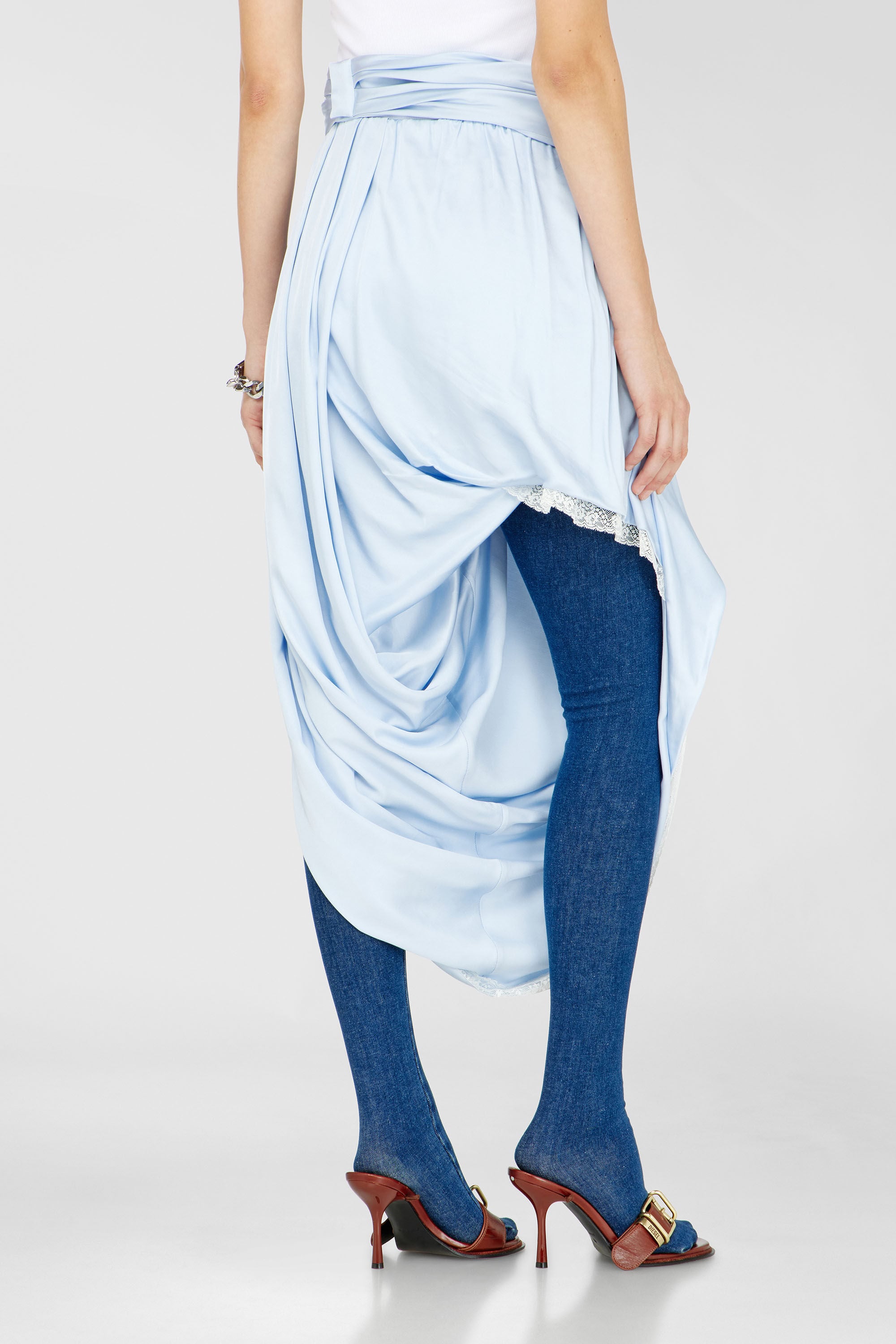 Women's Draped satin midi skirt with lace trim | Blue | Diesel