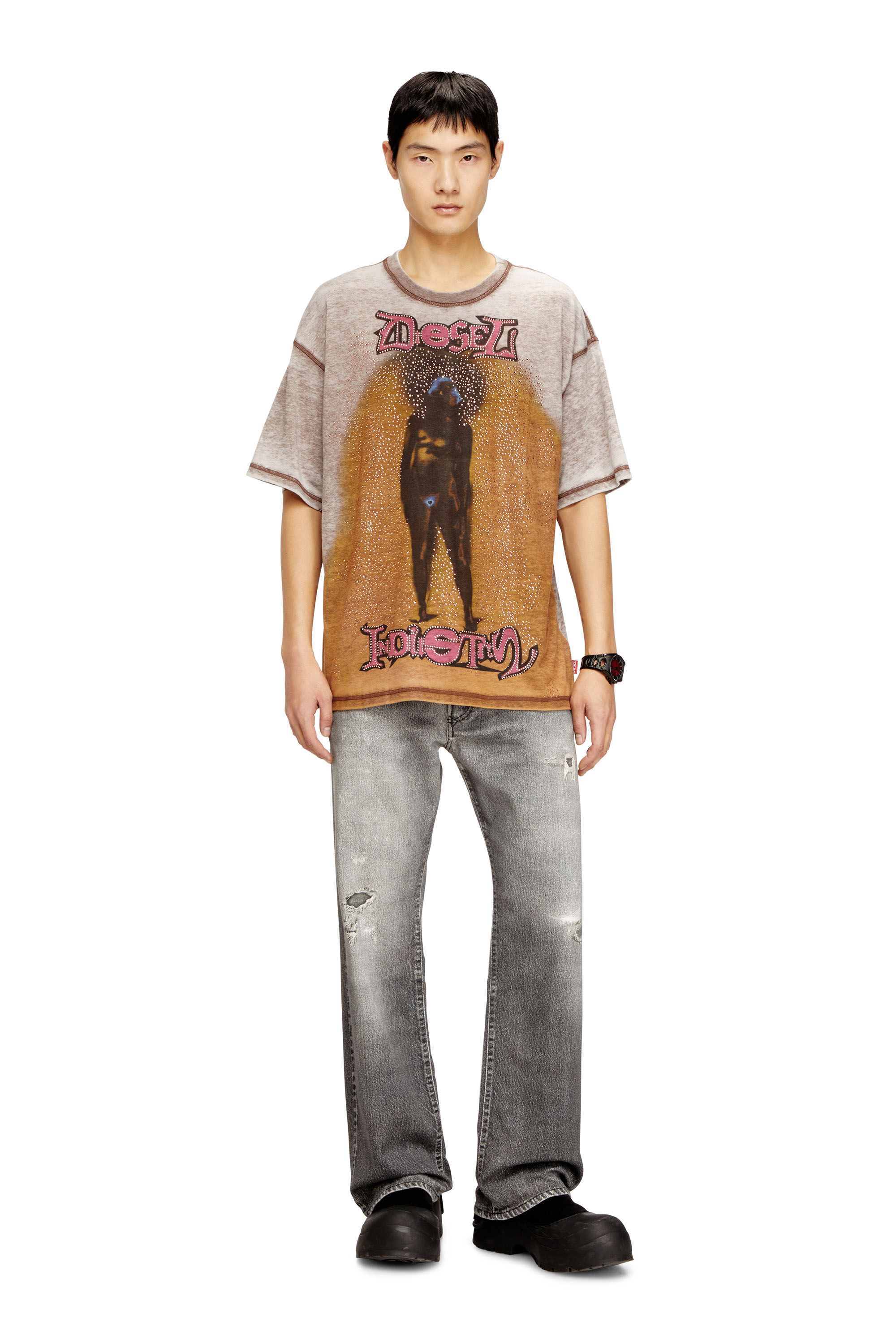 Men's Relaxed T-shirt with print and studs | Brown | Diesel