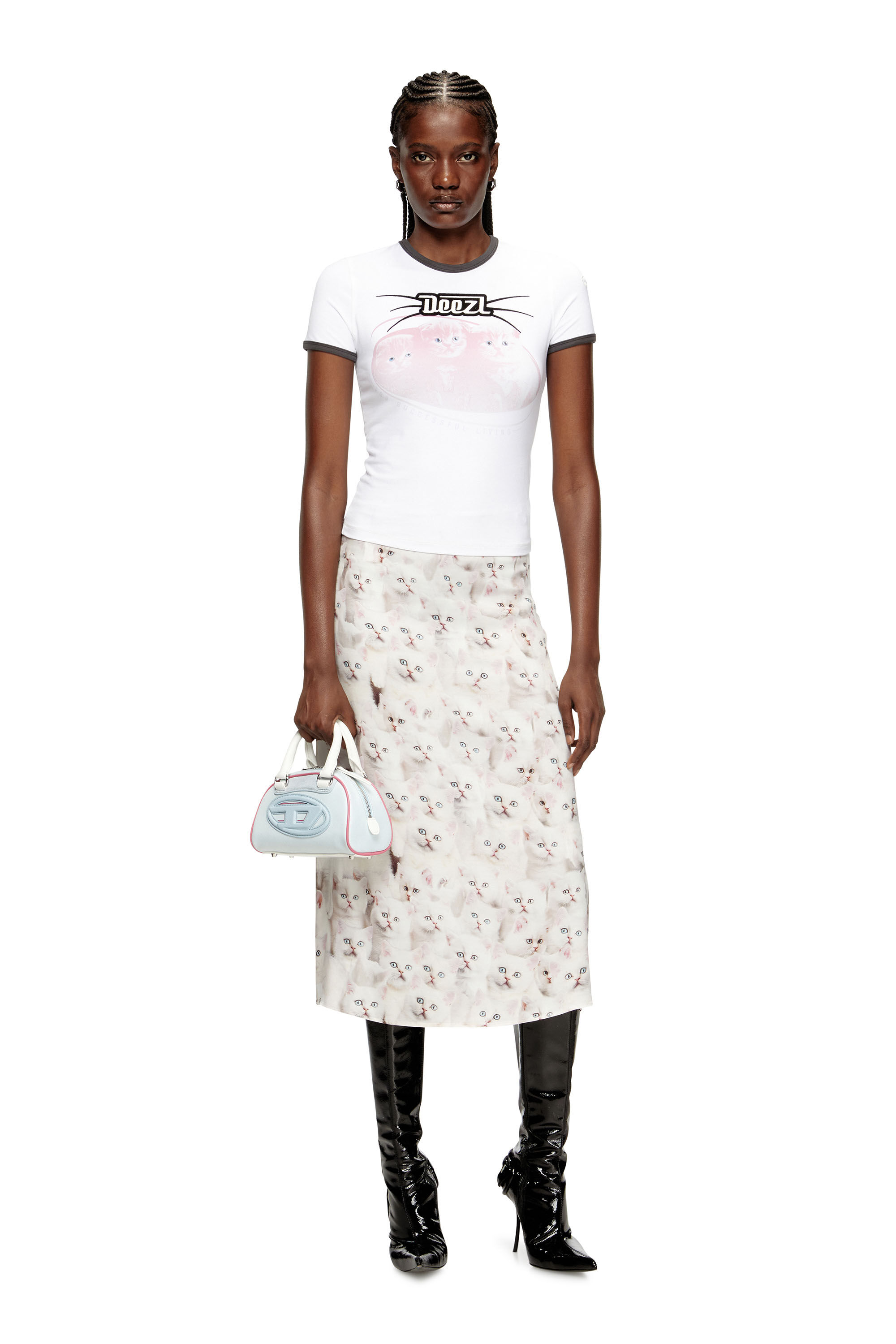 DIESEL 猫モチーフ スカート O-RCHID-R1 総柄 Aライン 40 Women's Midi skirt in viscose with all-over print | White | Diesel