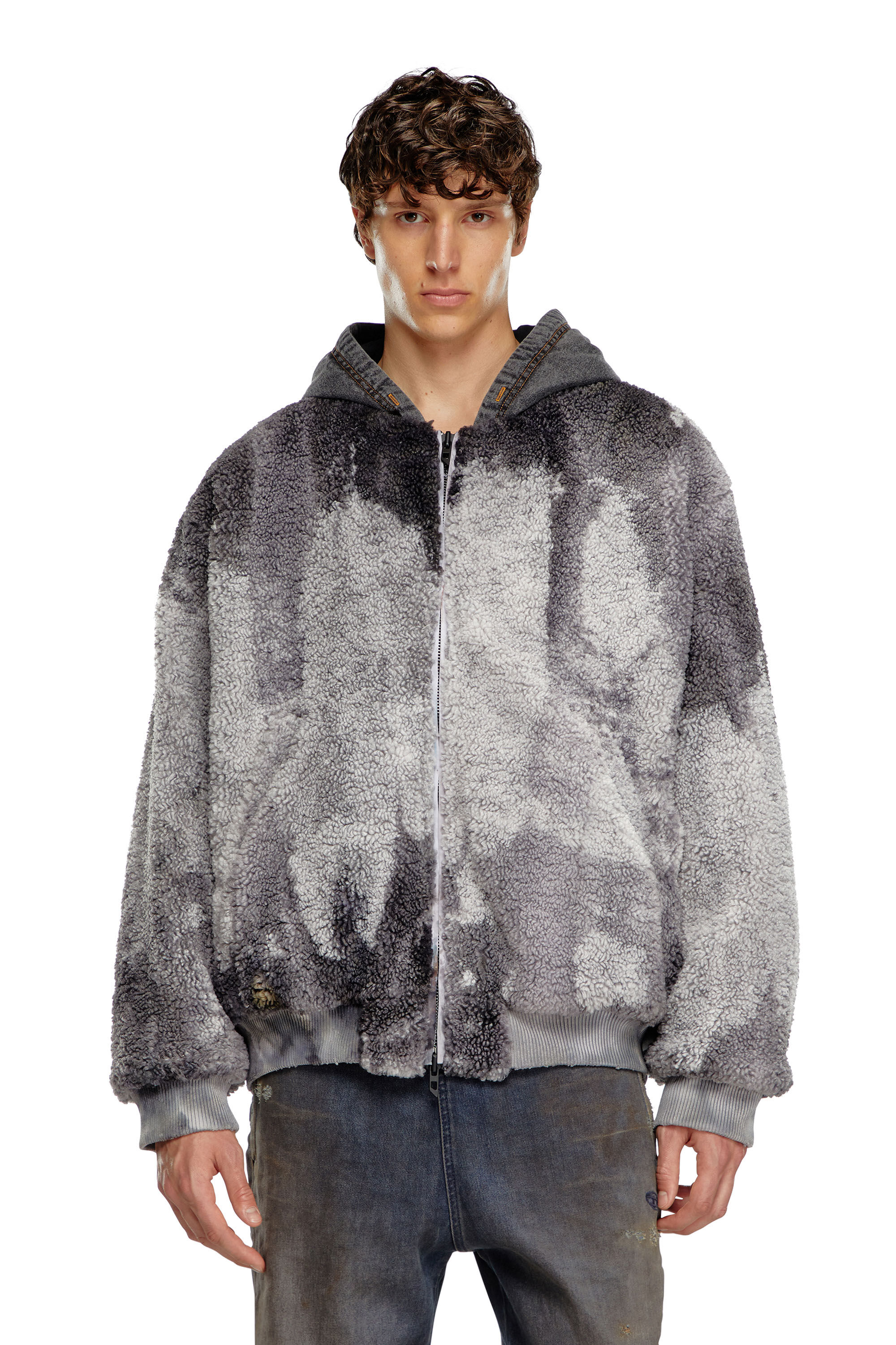 Diesel - S-DEPLA, Male's Tie-dyed teddy jacket with denim hood in Grey - 6