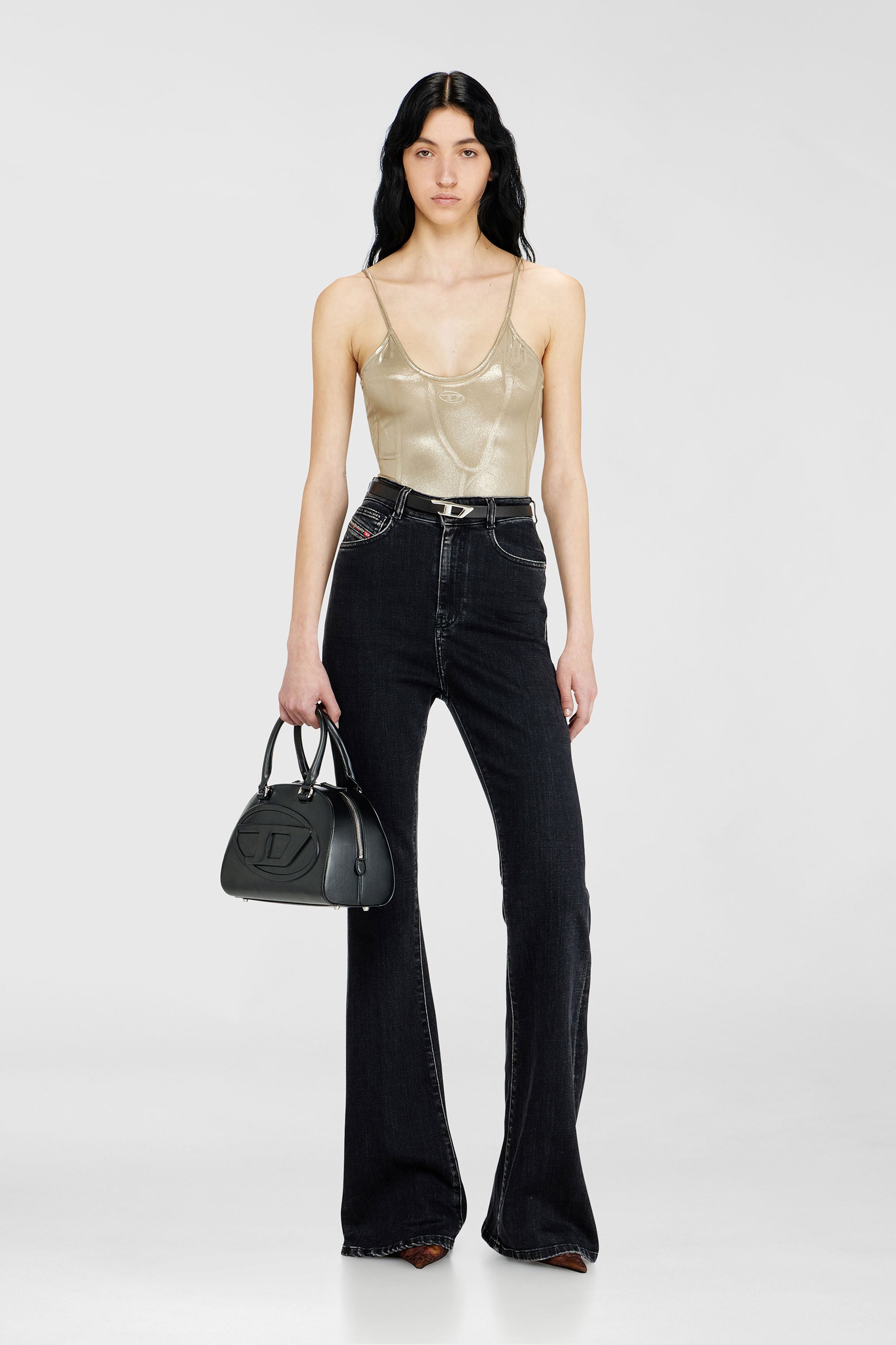 Women's Shiny jersey bodysuit with round neck | Gold | Diesel