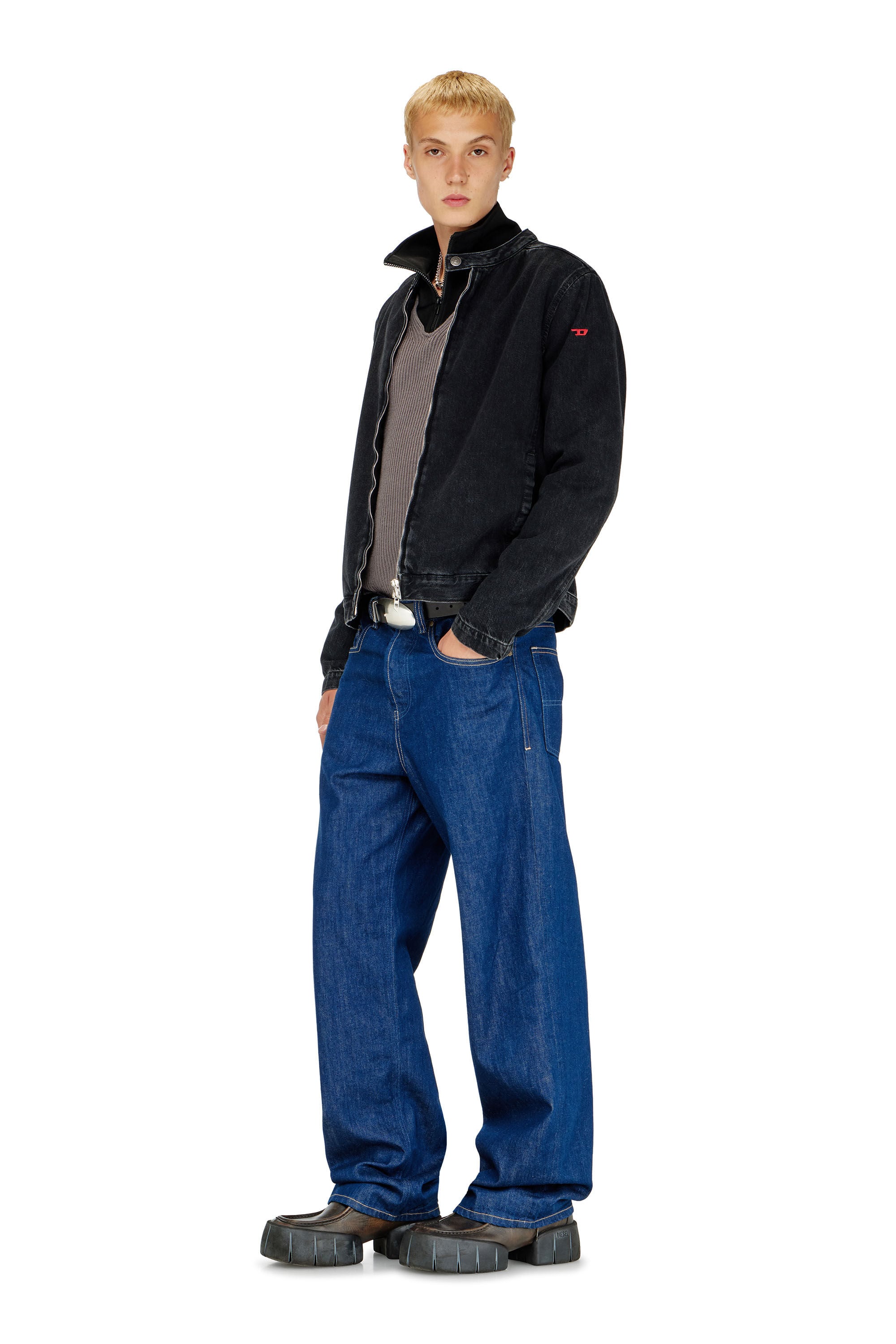 Diesel - D-GLORY, Chaqueta biker de denim con lavado oscuro Hombre in Negro - 1