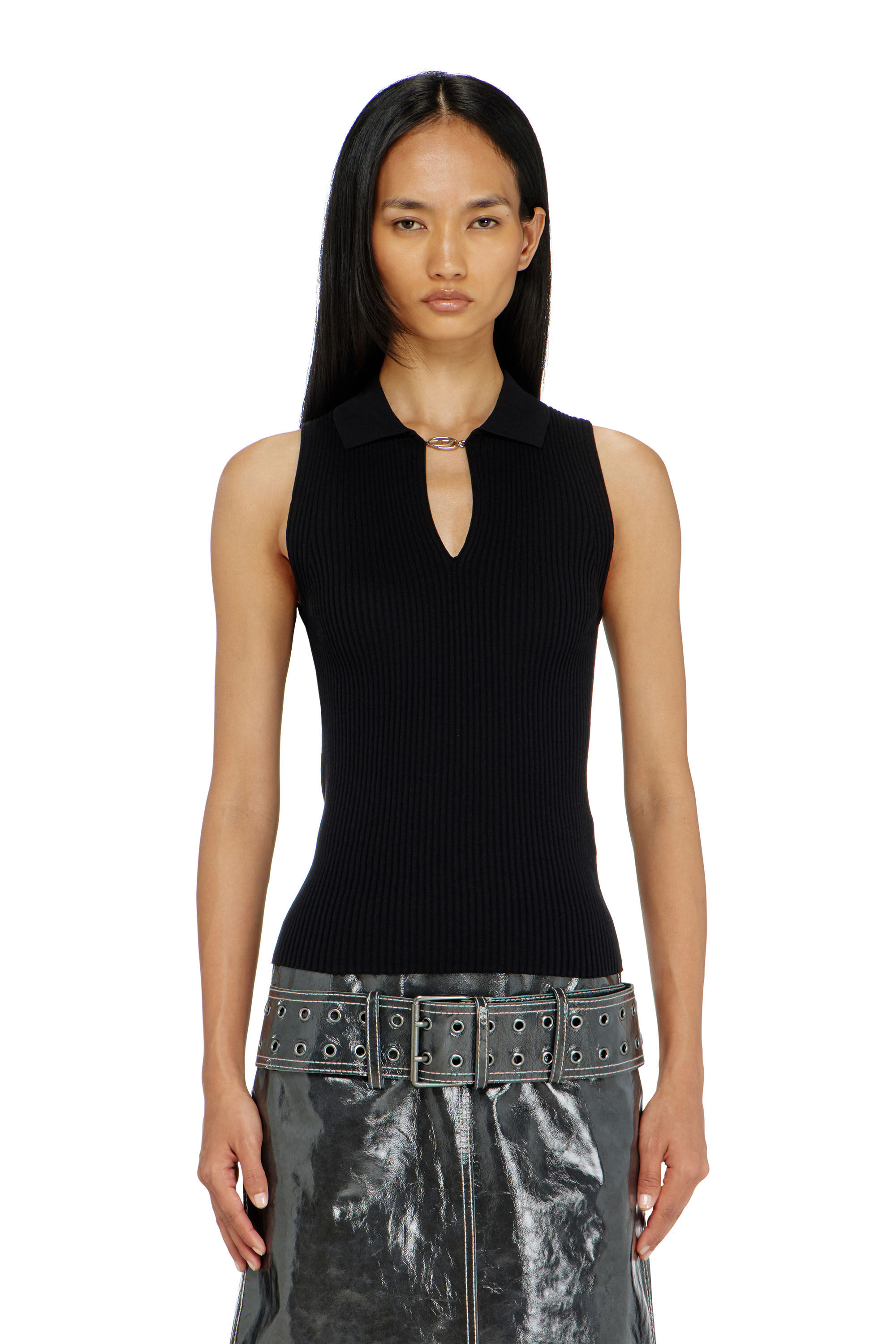 Diesel - M-LILITA, Woman's Sleeveless rib-knit polo top in silk blend in null - 6