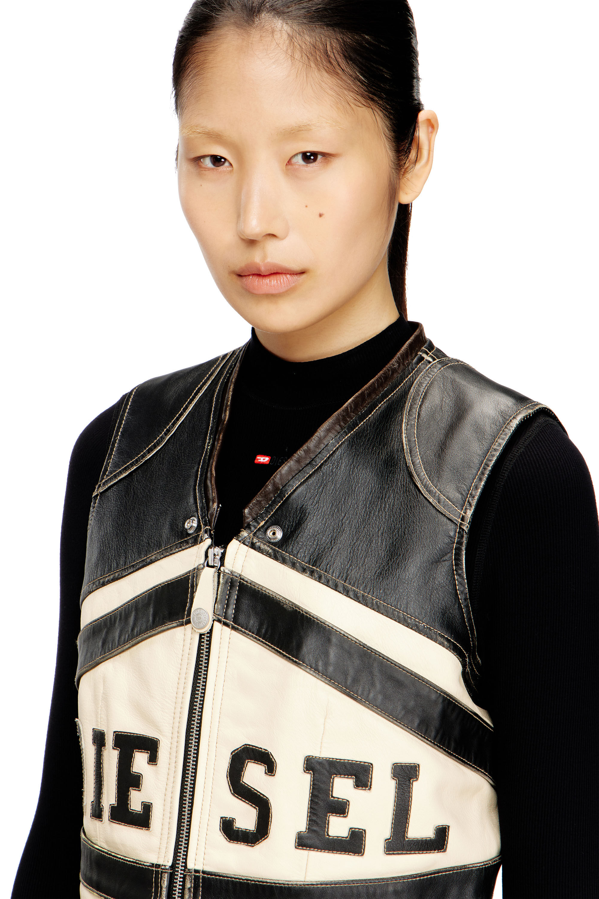 Women's Leather vest with front logo and contrast stripes