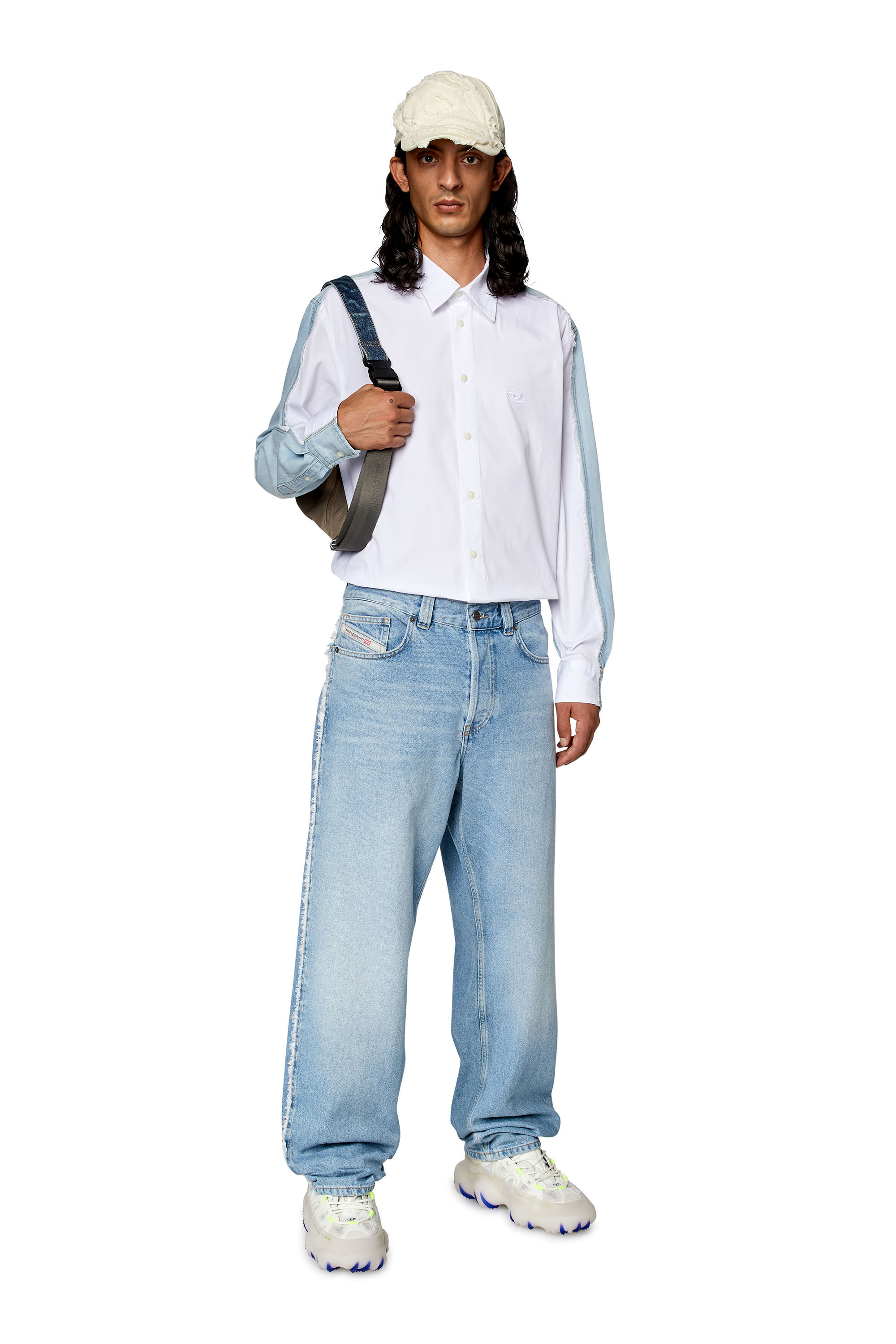 Diesel - S-WARH, Male's Shirt in poplin and raw-edge denim in White - 1