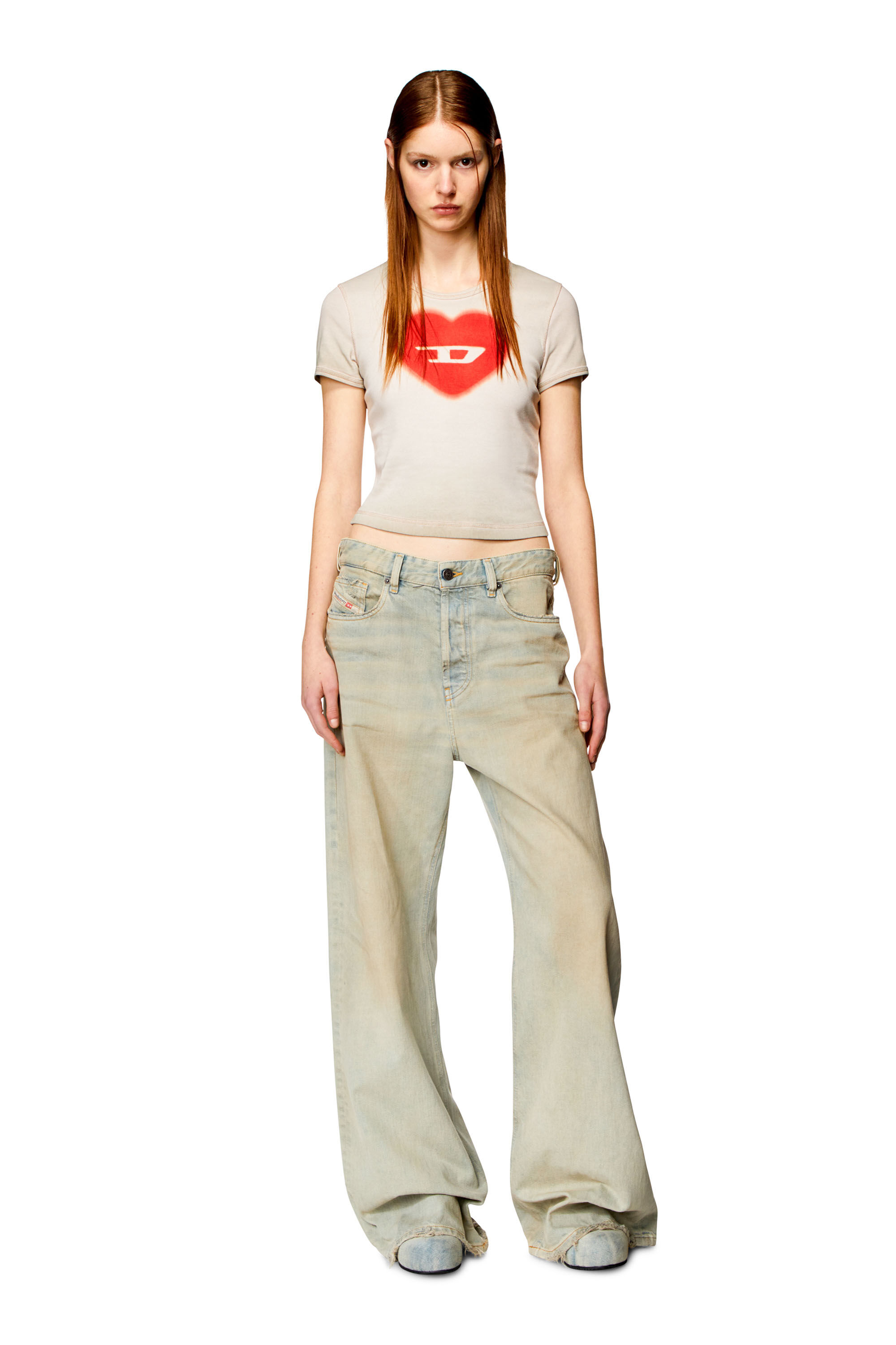 Diesel - T-ELE, Woman's Ribbed T-shirt with watercolour heart D in Beige - 1