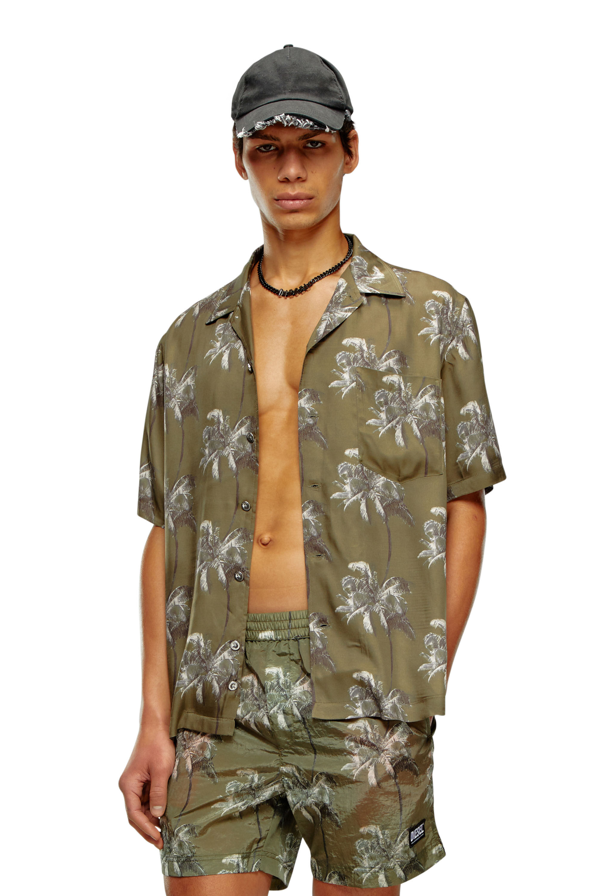 Diesel - BMOWT-ADRIAN, Chemise de plage avec imprimé palmier Homme in Marron - 1