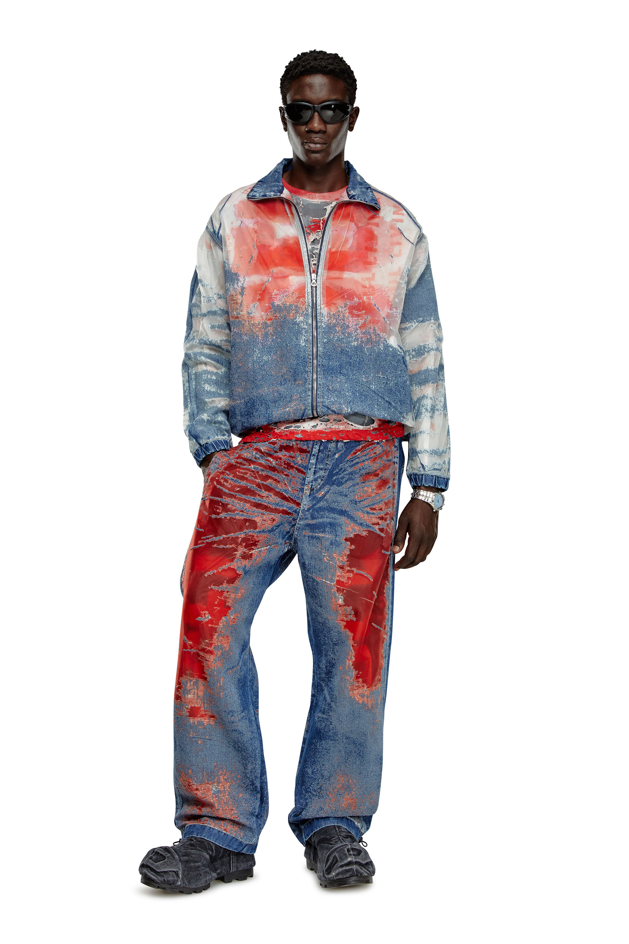 Diesel - D-KRAP-FSE, Male's Jacket in devoré denim with logo in Blue/Red - 1