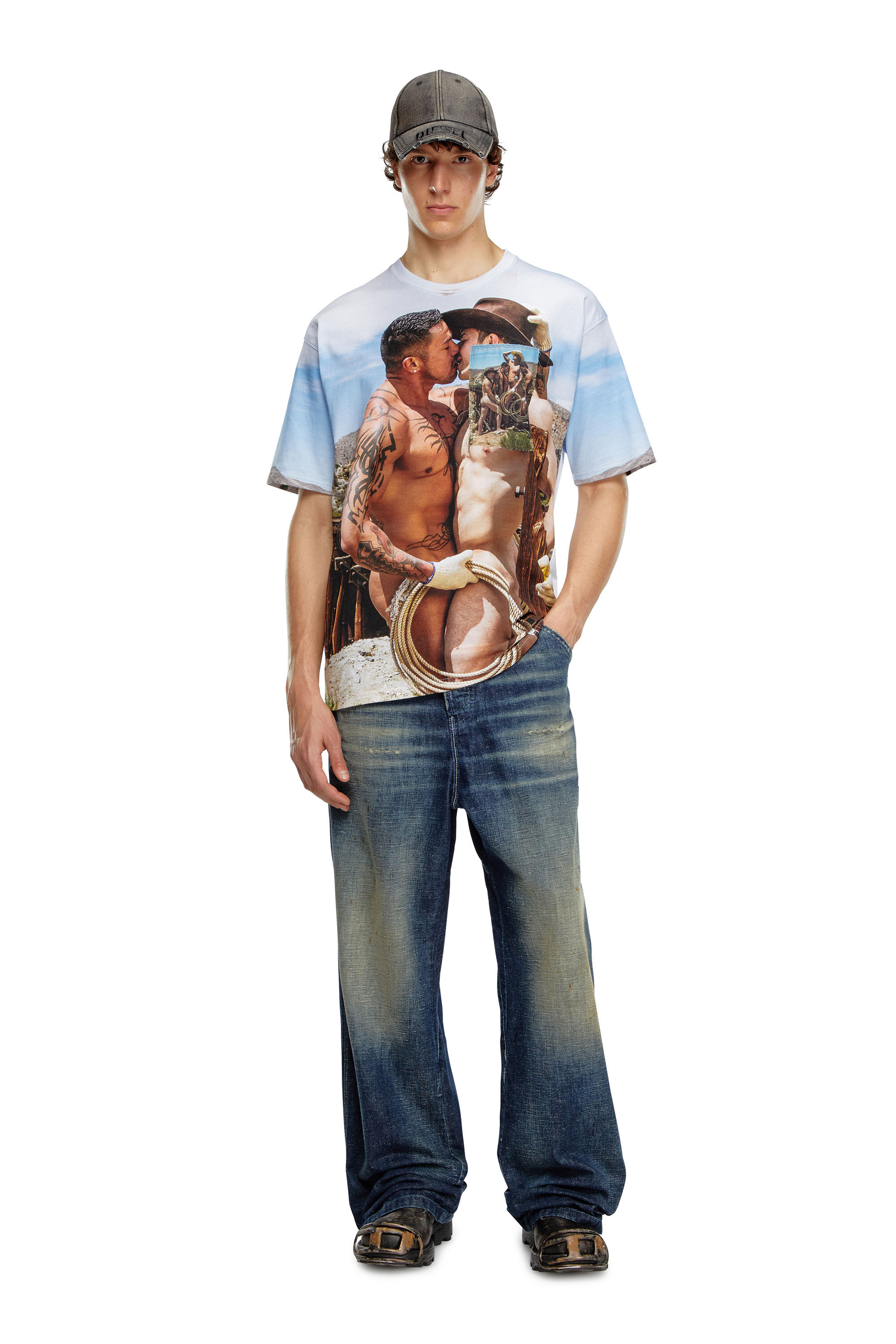 Diesel - PR-T-BOXT-HVB, Unisex's T-shirt with print and patches in Light Blue - 1