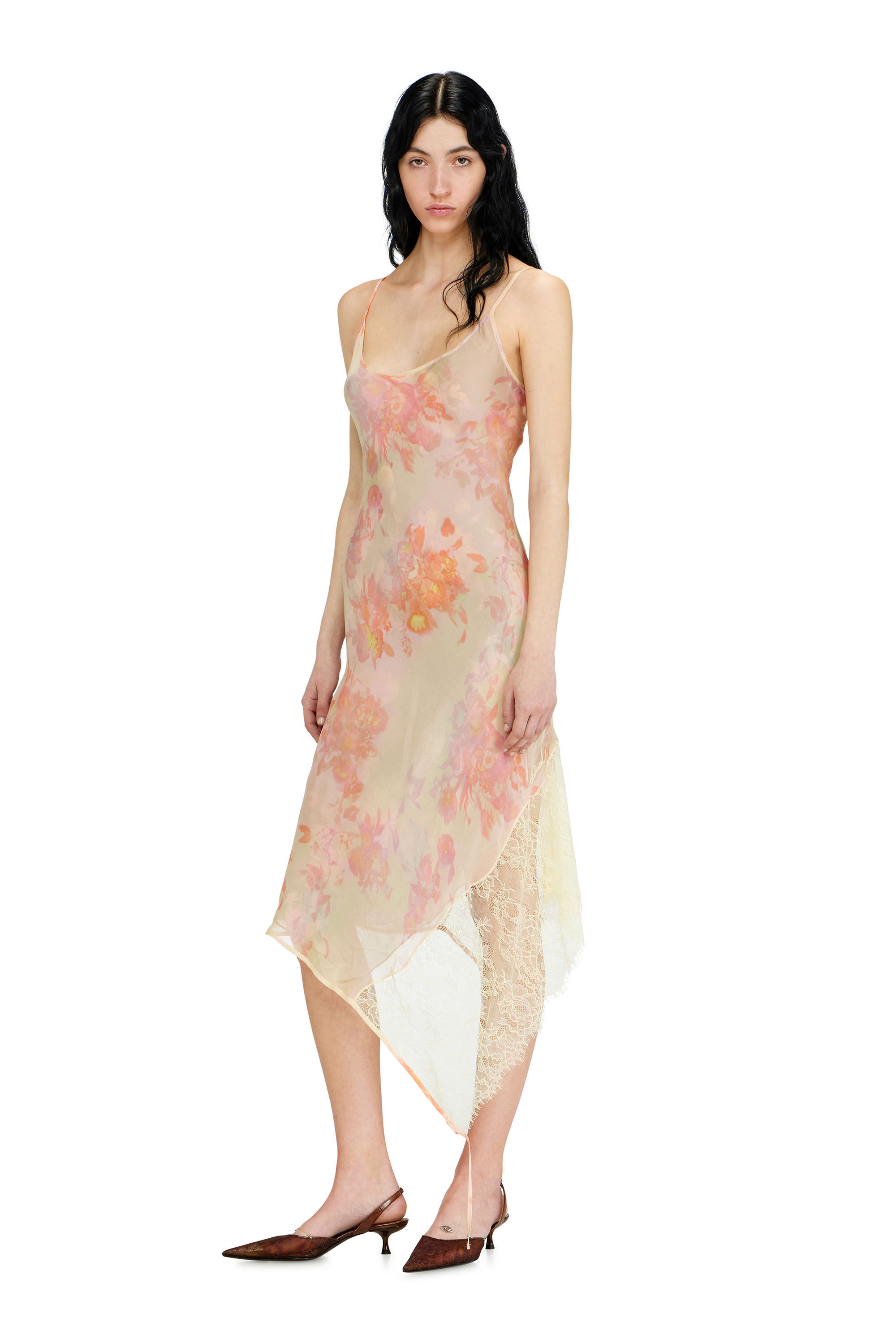 Women's Midi slip dress with floral print and lace trim