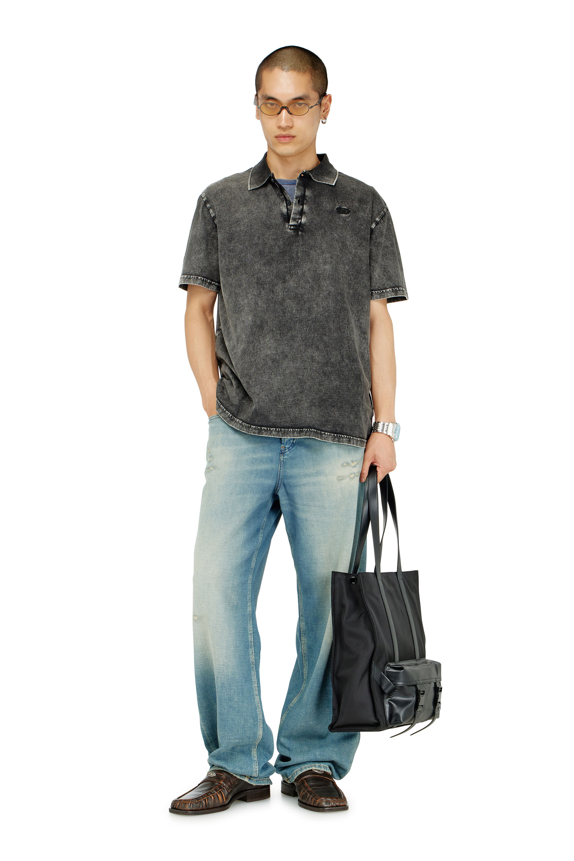 Diesel - T-REJUST-NC-DEN, Male's Polo shirt in denim-effect jersey in Dark Grey - 1