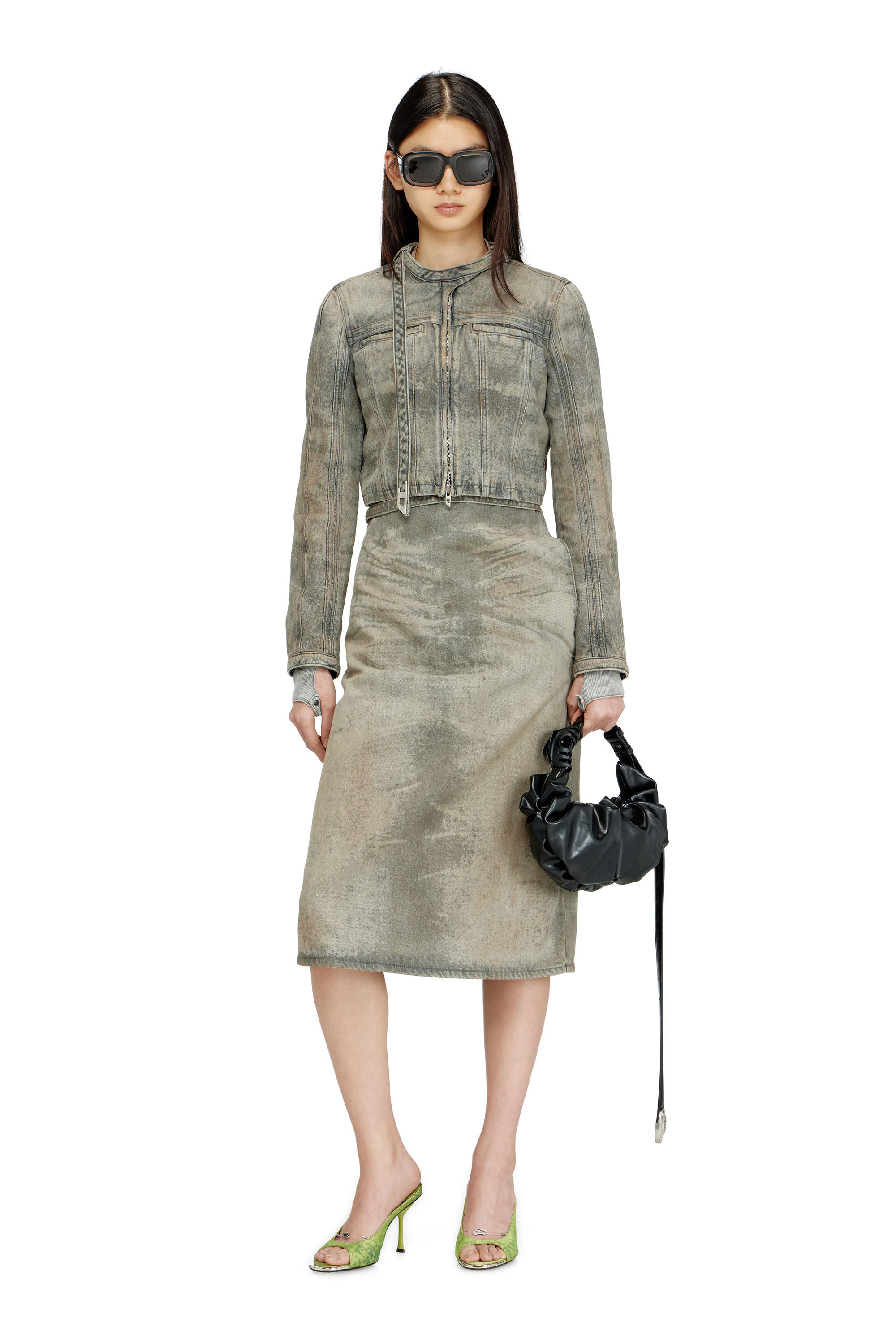 Diesel - DE-MORIKA-FSI, Falda midi de sat&eacute;n denim de algod&oacute;n y c&aacute;&ntilde;amo Mujer in Gris - 1