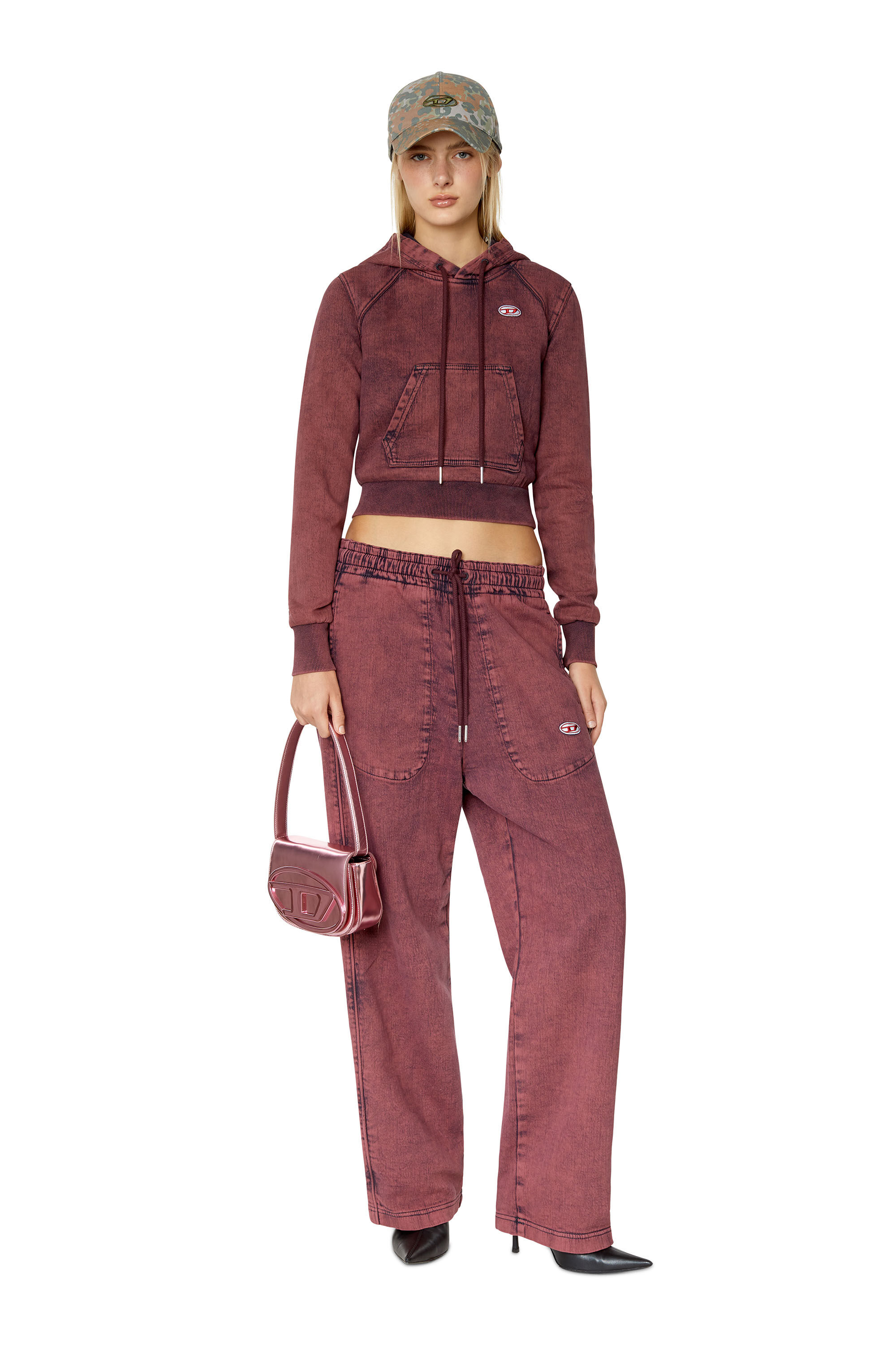 Diesel - D-ANGY TRACK DENIM HOODIE, Sweat-shirt à capuche cropped surteint en Track Denim Femme in Rouge - 1