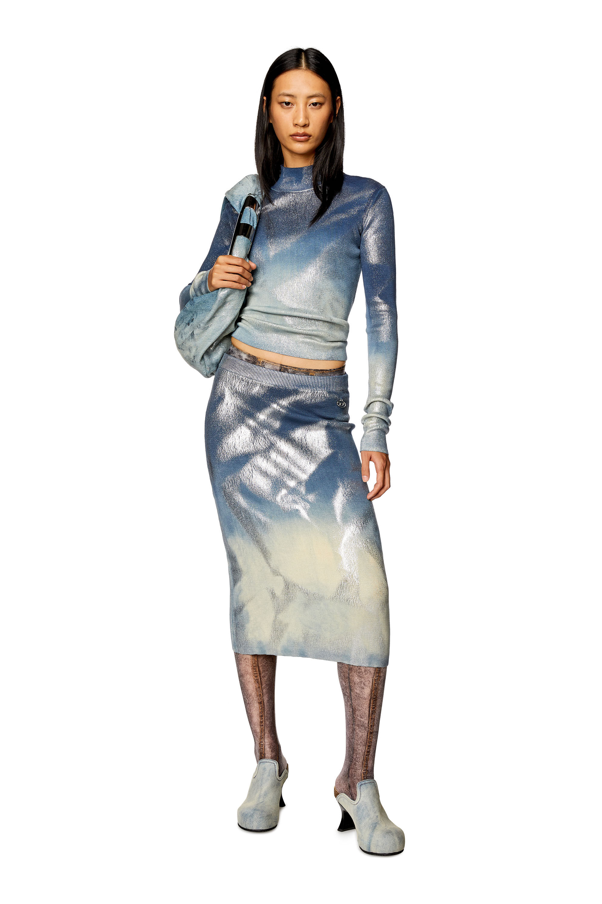 Diesel - M-ILAN, Female's Knit pencil skirt with metallic effects in Blue - 1